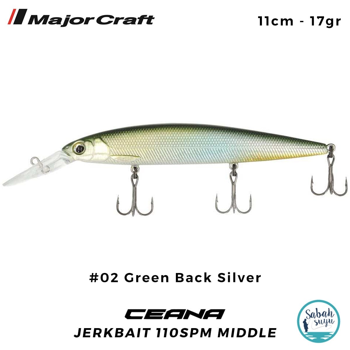 Major Craft Ceana Jerkbait 110SPM Middle 11cm 17gr #02 Green Back Silver