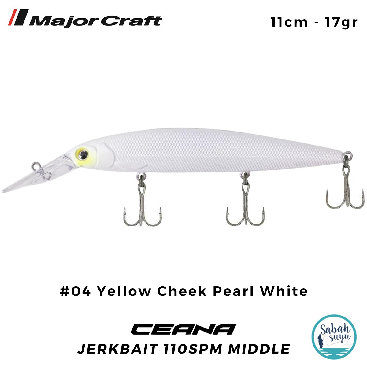 Major Craft Ceana Jerkbait 110SPM Middle 11cm 17gr #04 Yellow Cheek Pearl White