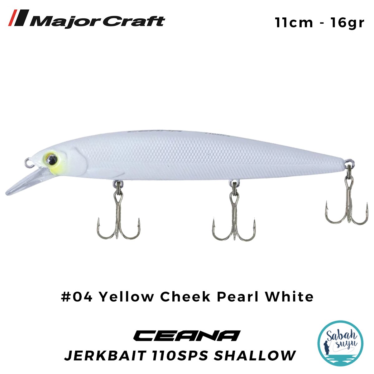 Major Craft Ceana Jerkbait 110SPS Shallow 11cm 16gr #04 Yellow Cheek Pearl White