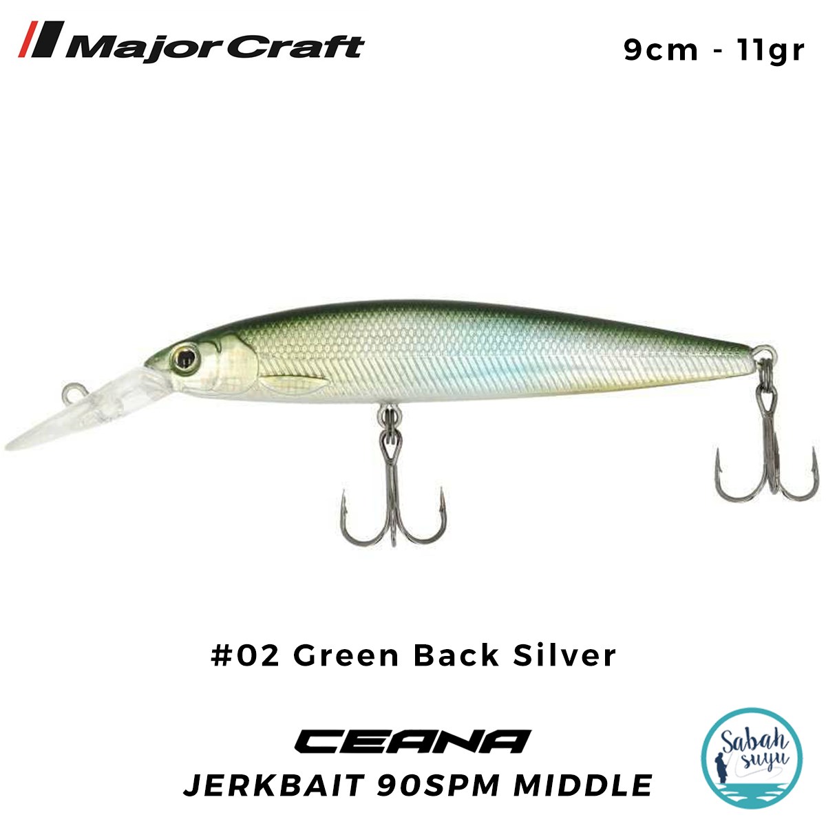 Major Craft Ceana Jerkbait 90SPM Middle 9cm 11gr #02 Green Back Silver