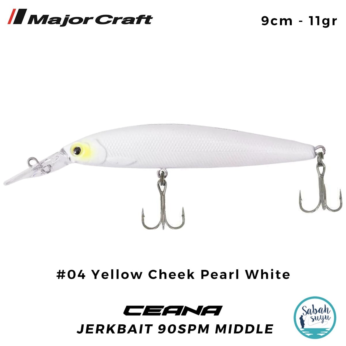 Major Craft Ceana Jerkbait 90SPM Middle 9cm 11gr #04 Yellow Cheek Pearl White