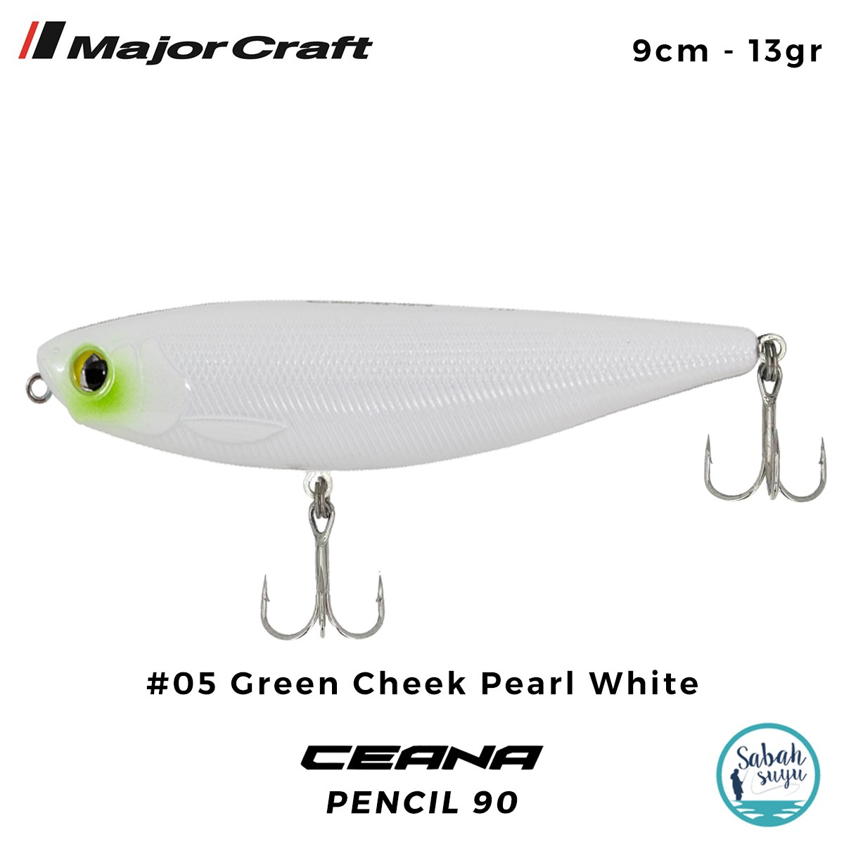 Major Craft Ceana Pencil 90 9cm 13gr #05 Green Cheek Pearl White