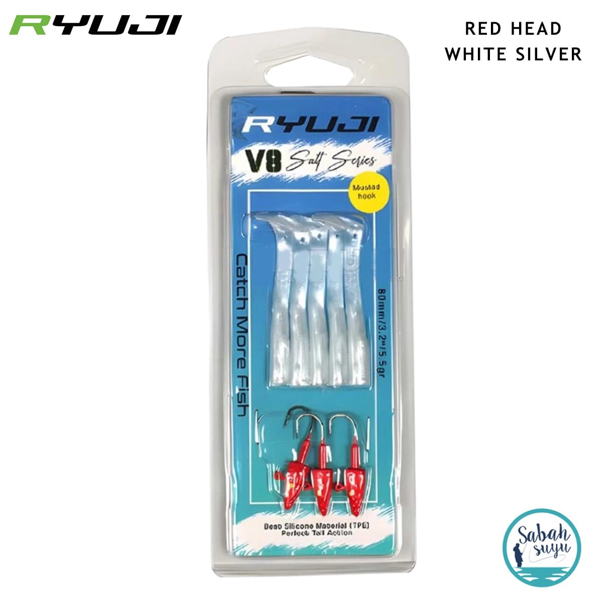 Ryuji V8 8cm 5.5gr Silikon Yem Set (3+5) Red Head White Silver