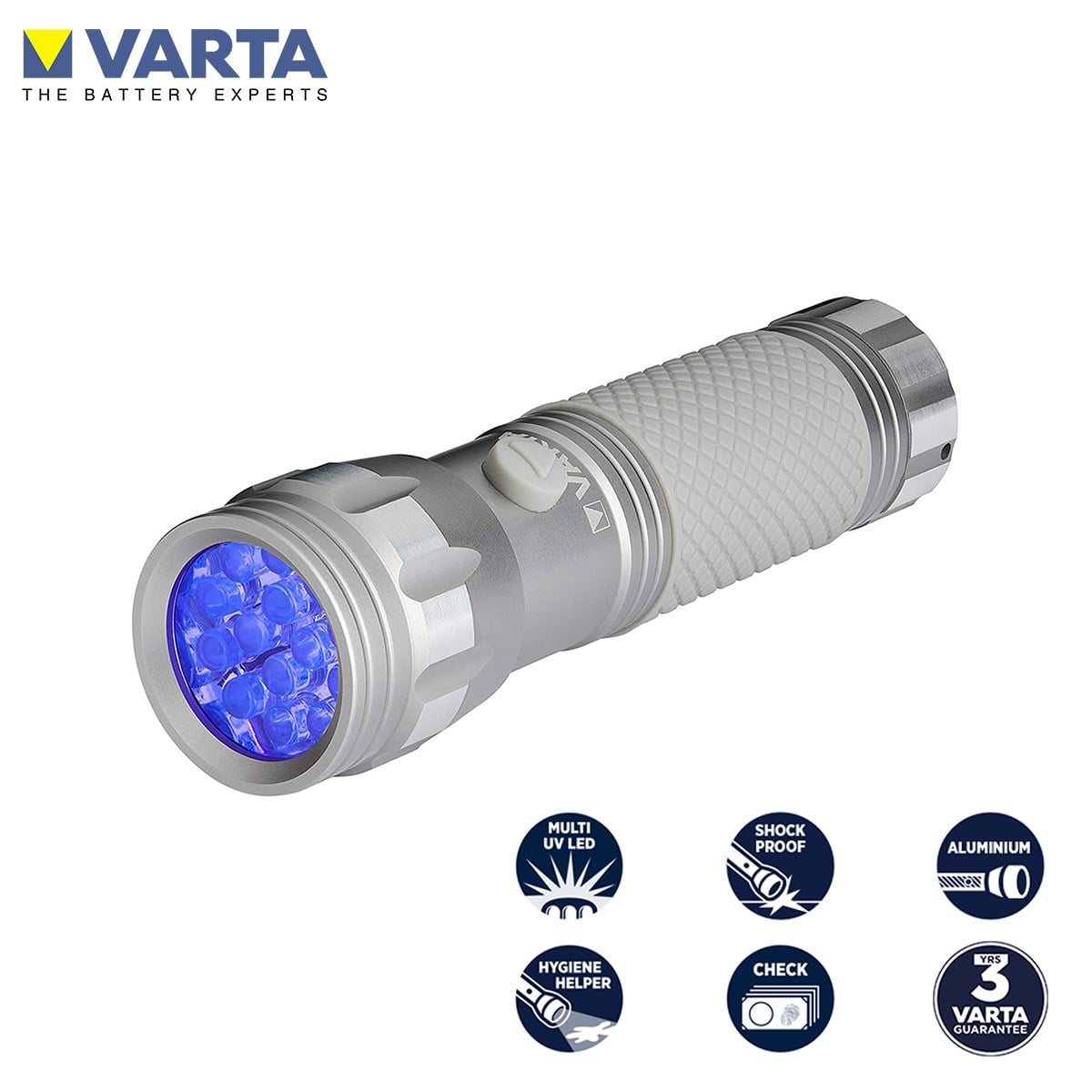 Varta 15638 UV Led Cep Feneri (Mor Işık) + 3 Pil