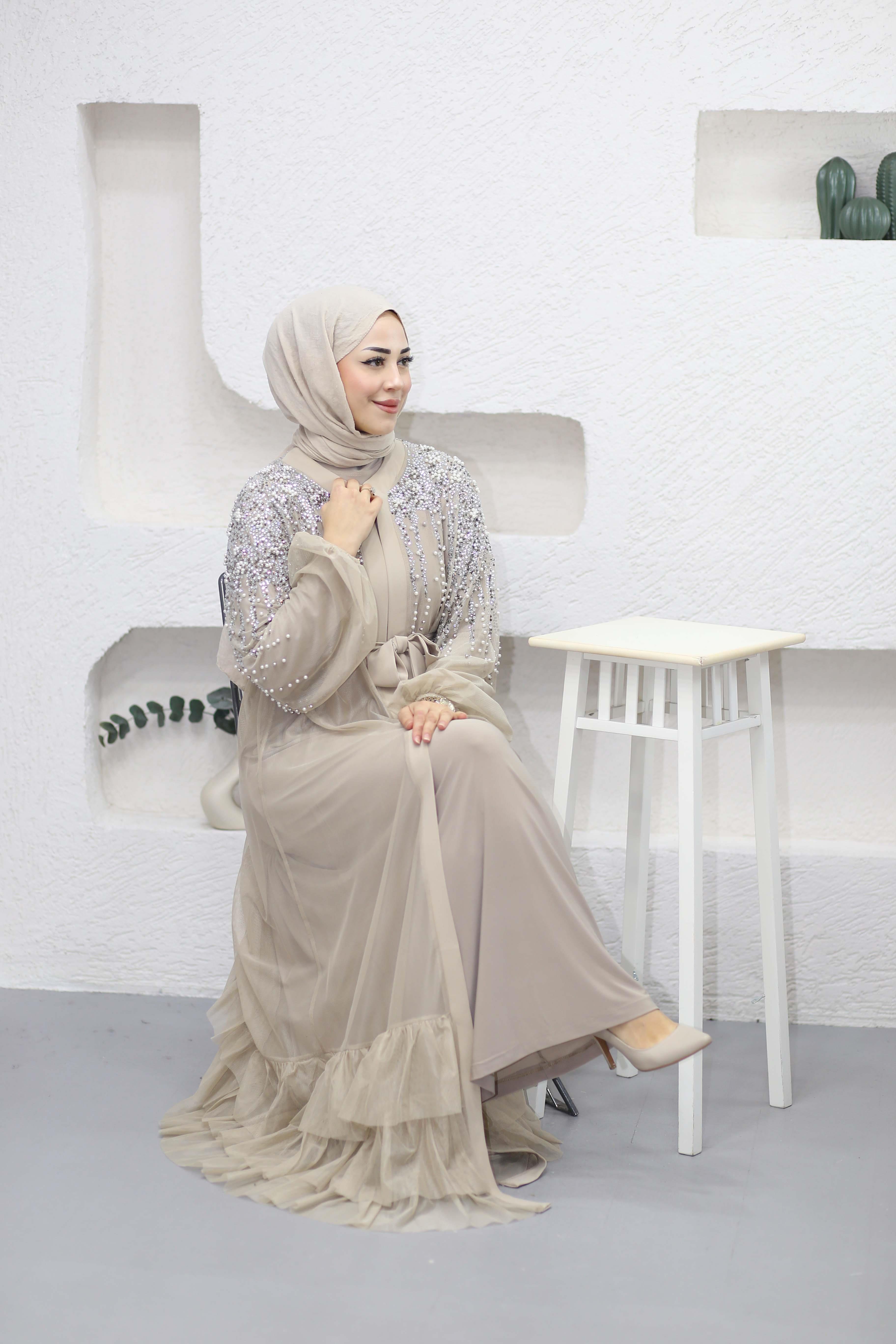 İncili Tül Abaya Bej 6088