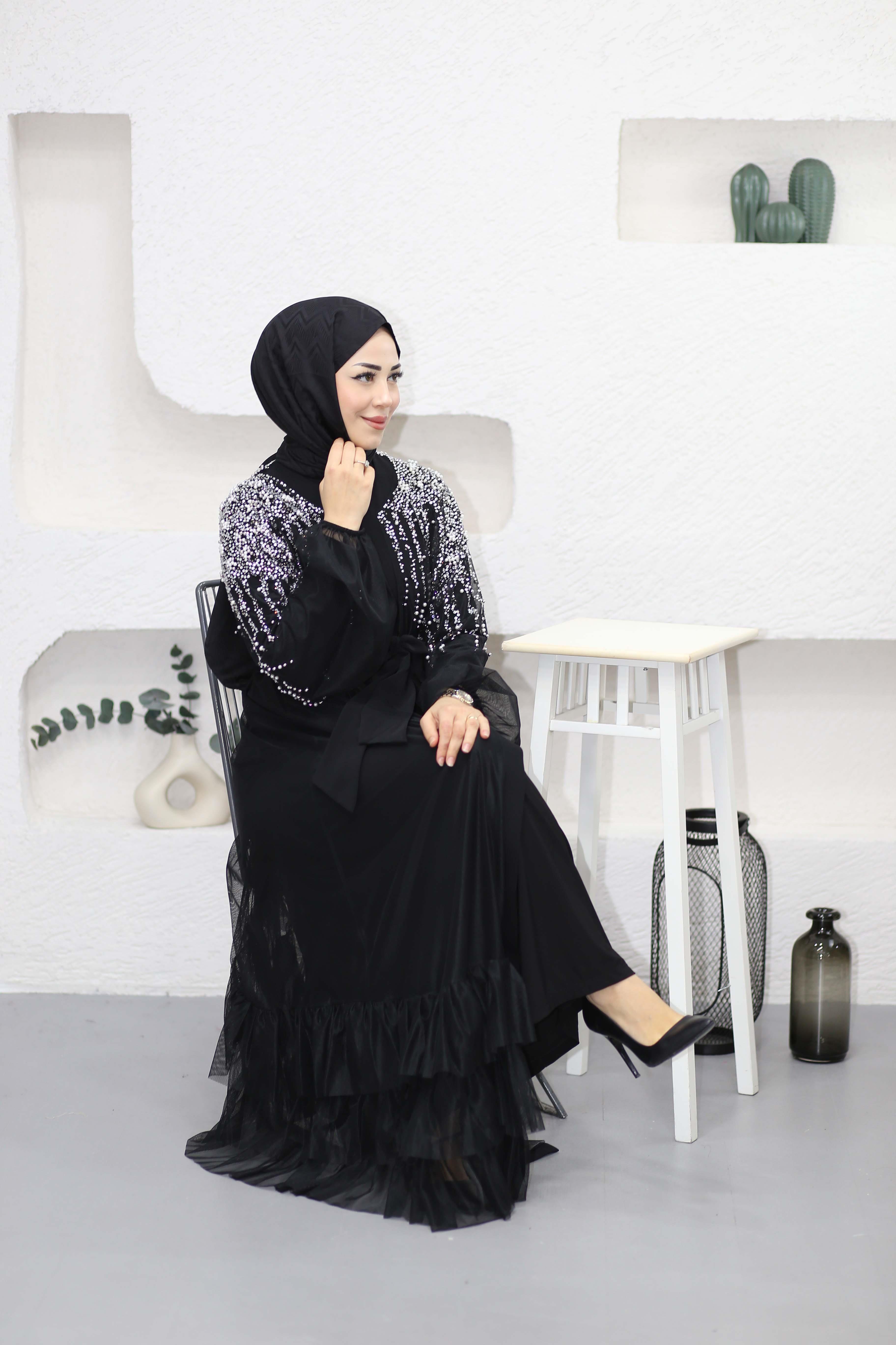 İncili Tül Abaya Siyah 6088
