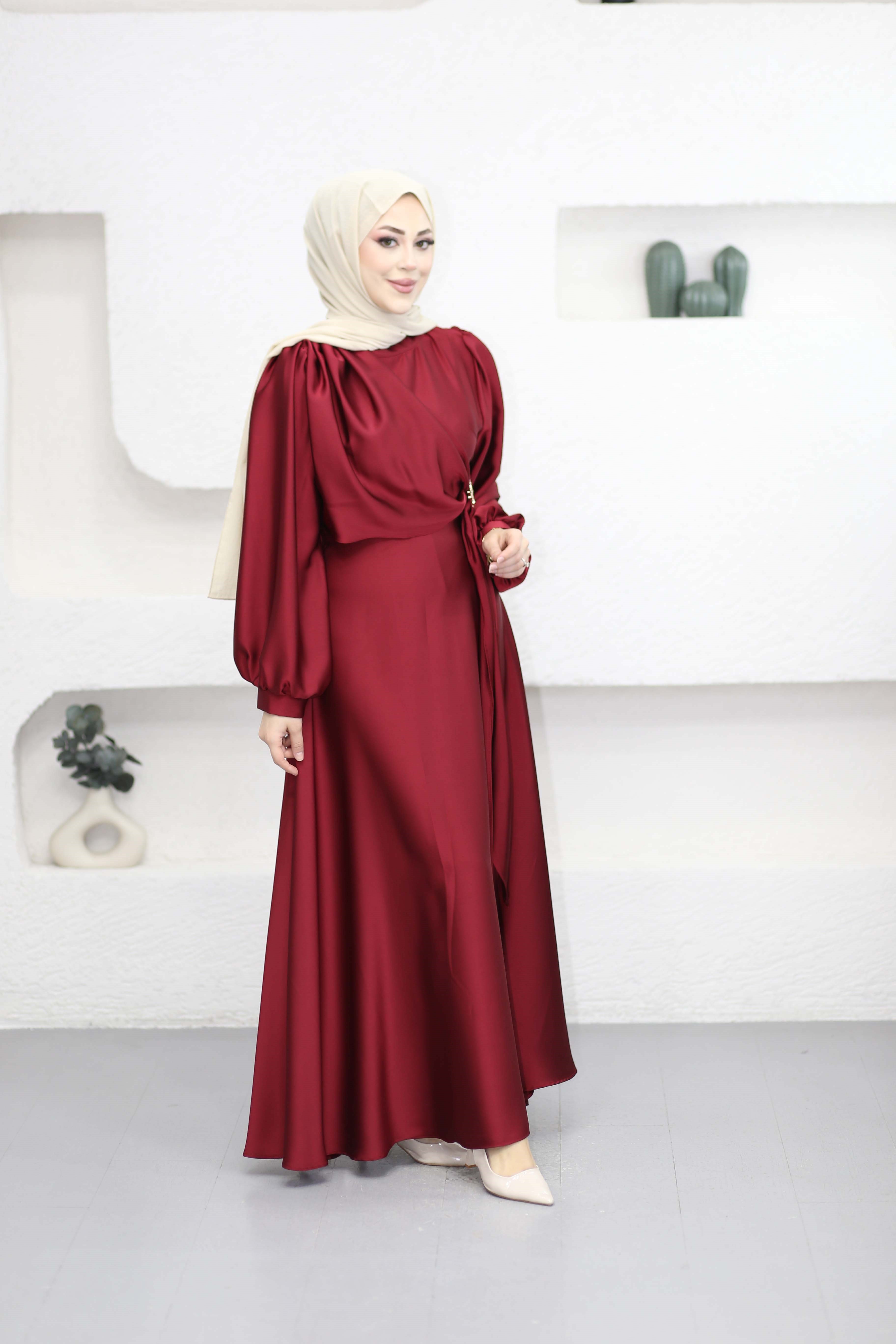 Zerrin Saten Elbise Bordo 1015