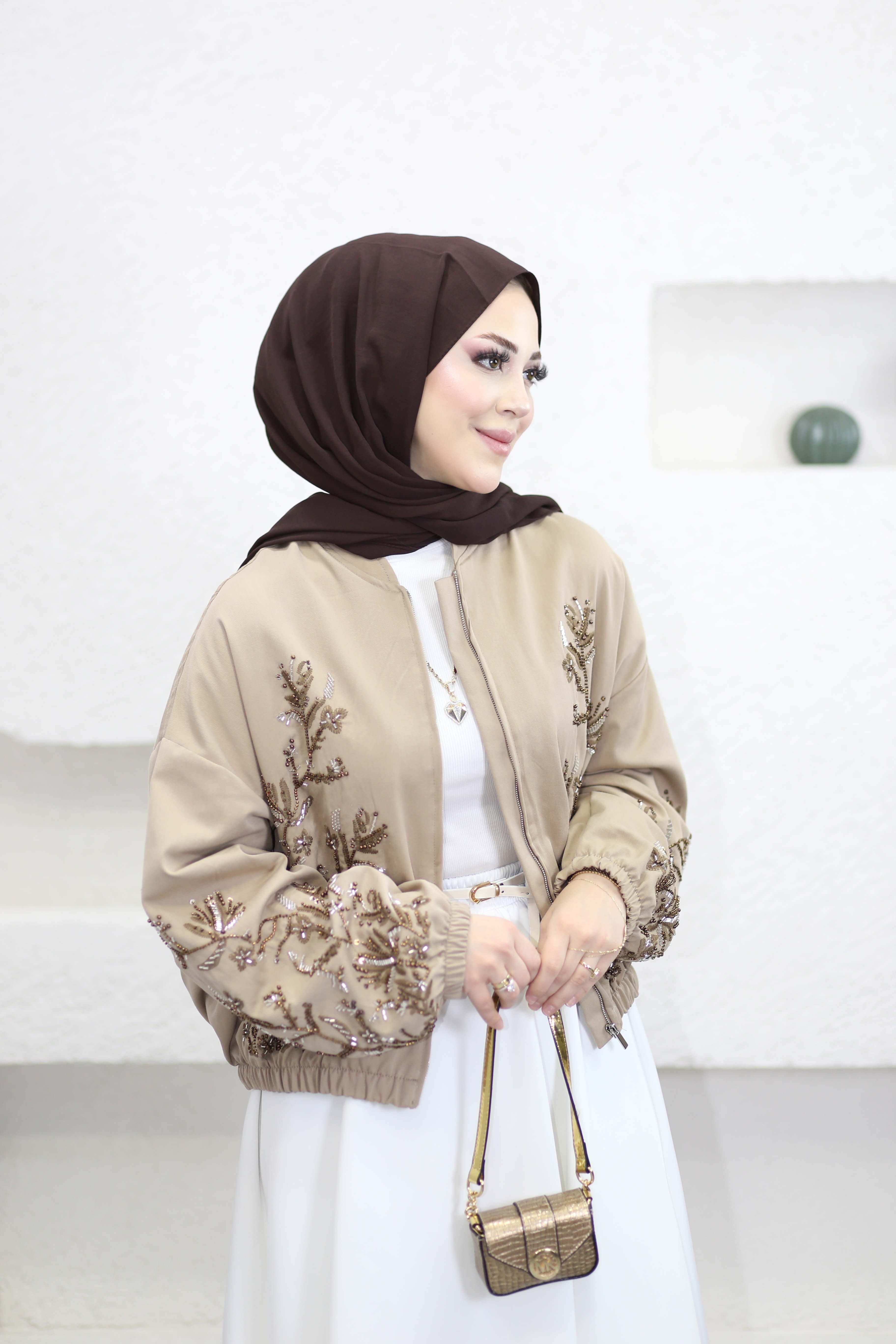 Boncuk İşlemeli Bomber Ceket Karamel 38192