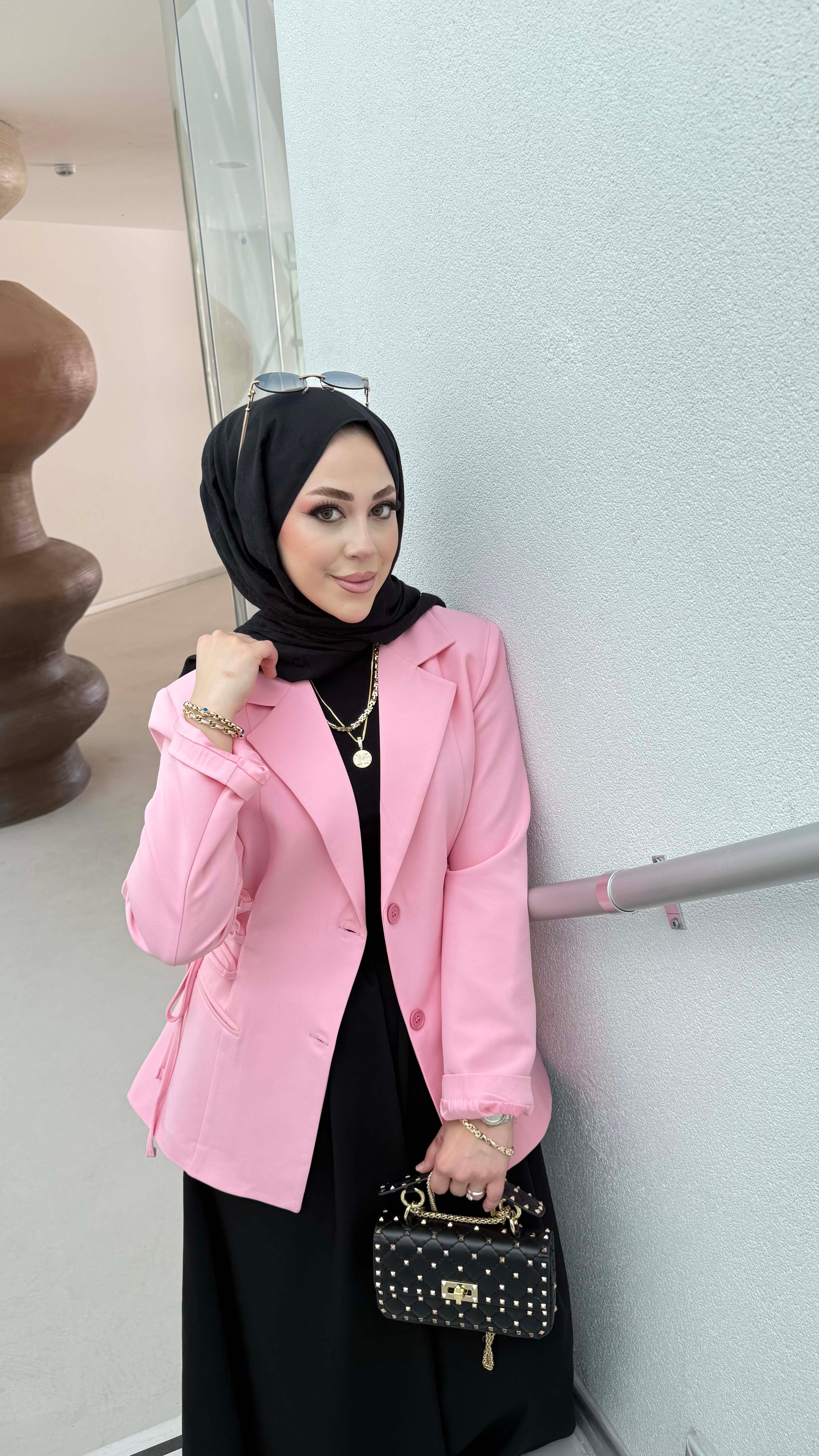 Yanları Bağlama Detaylı Ceket Şeker Pembe 1287