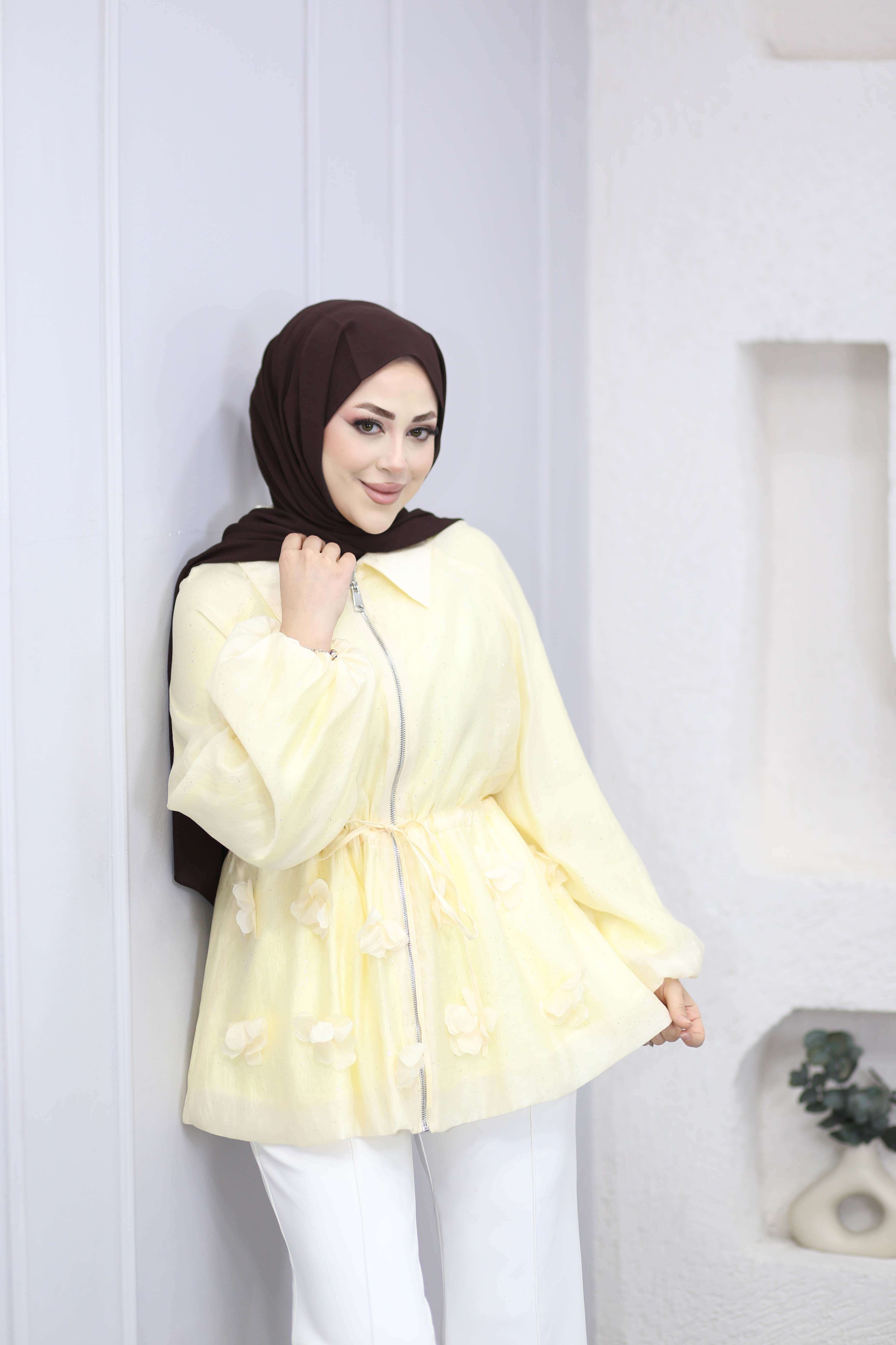 Simli Tencel Balon Ceket Sarı 26043