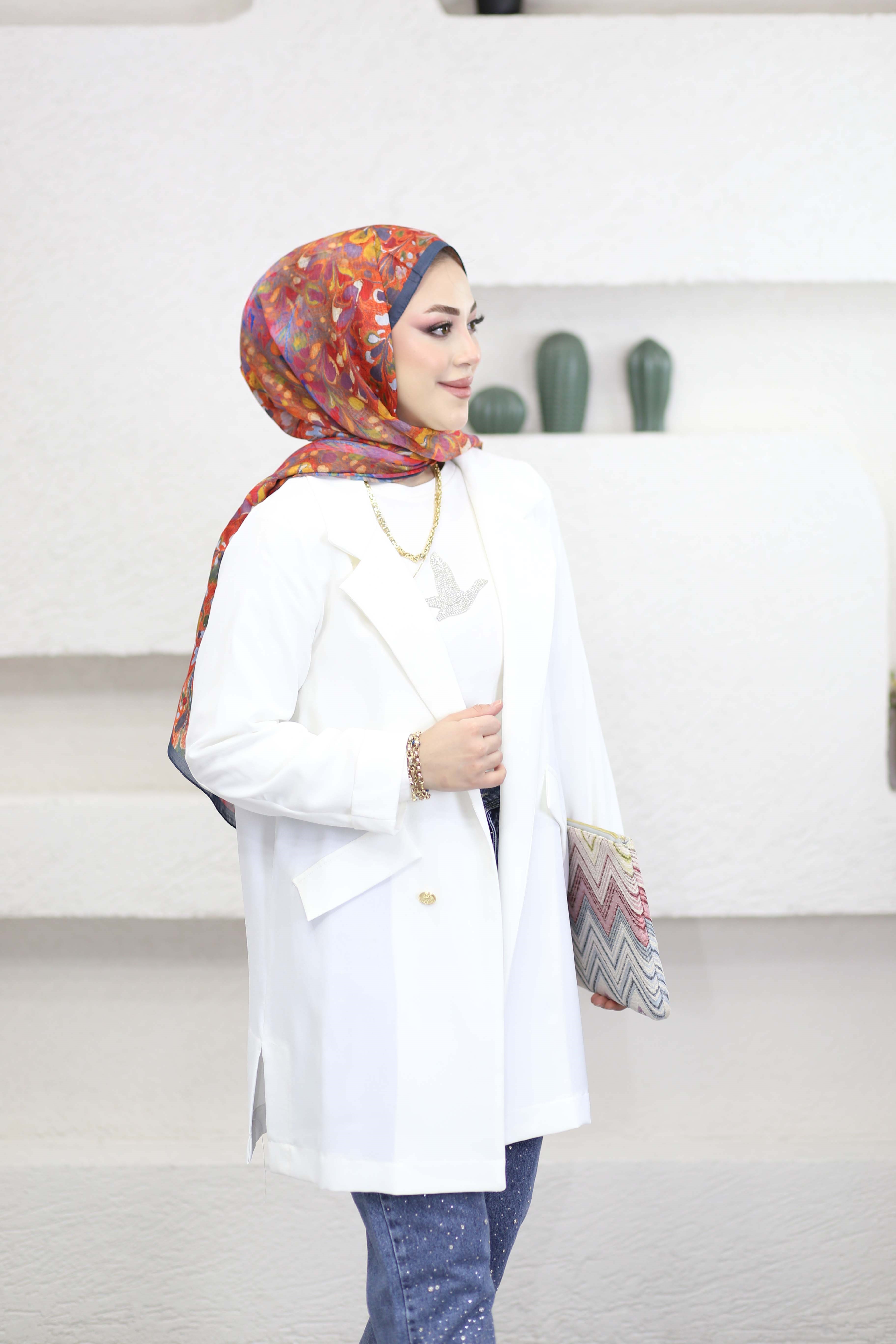 Düğmeli Linda Ceket Beyaz 3079