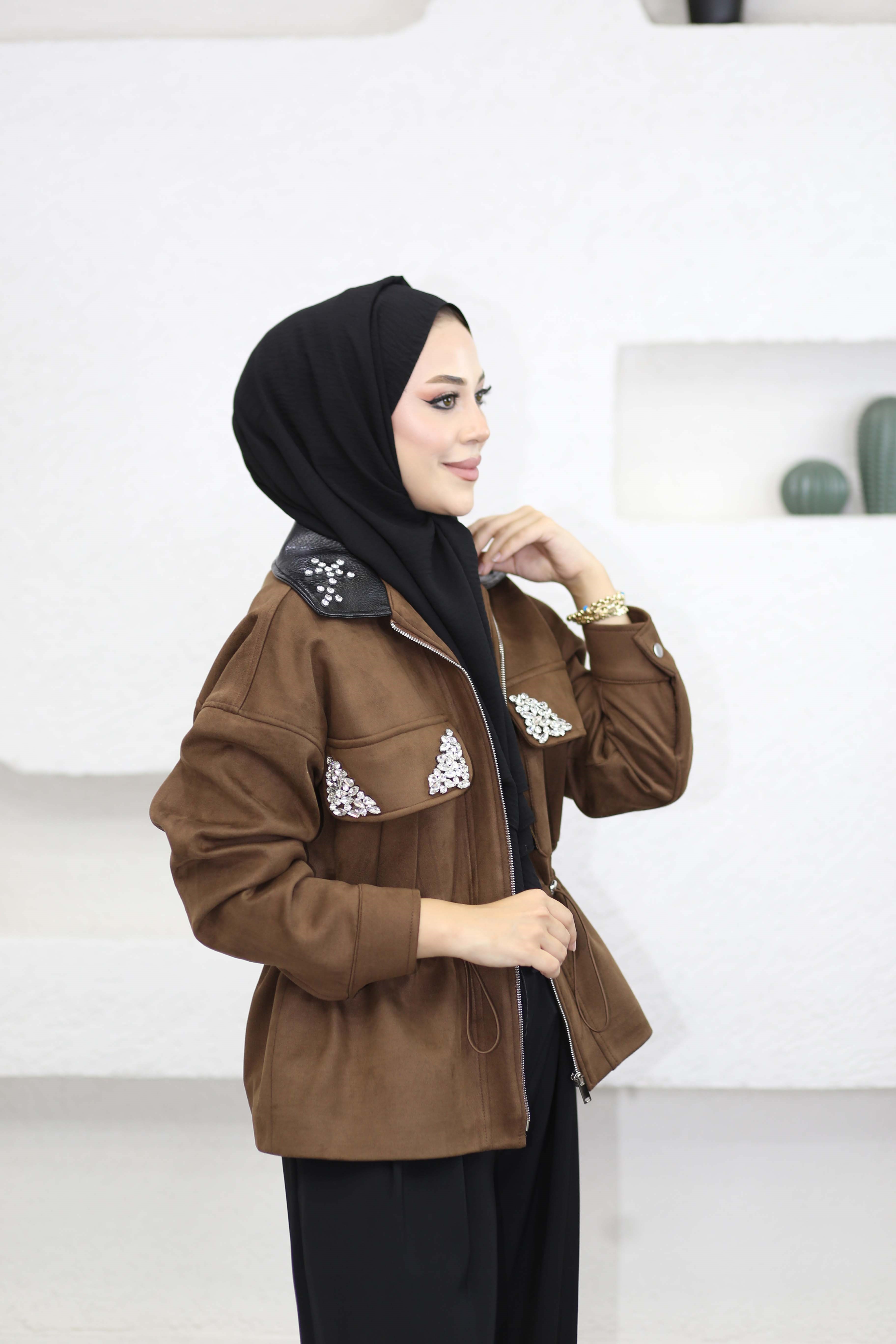 Taşlı Süet Ceket Kahverengi 5754