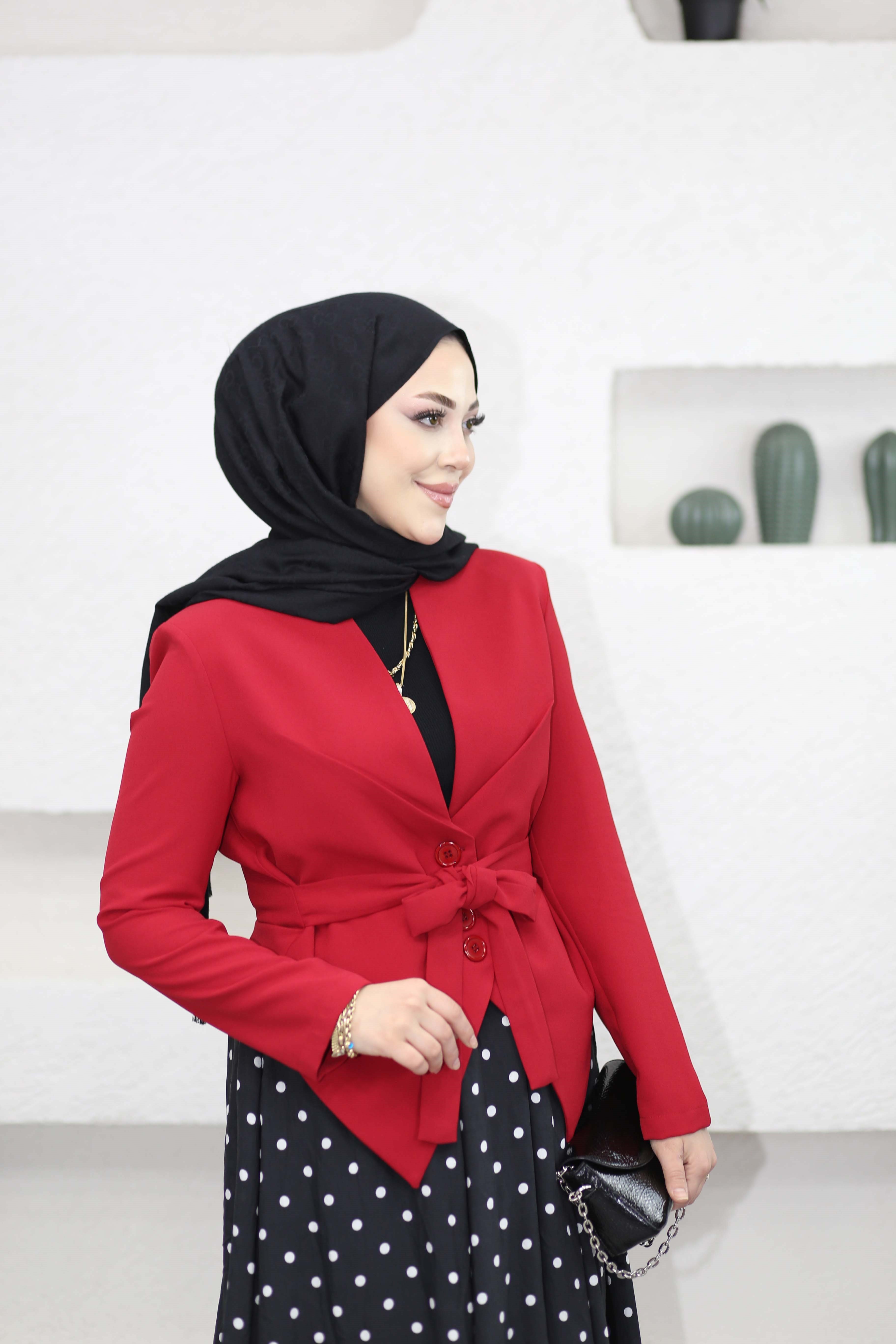 Beli Pile Detaylı Bağcıklı Ceket Kırmızı 1286