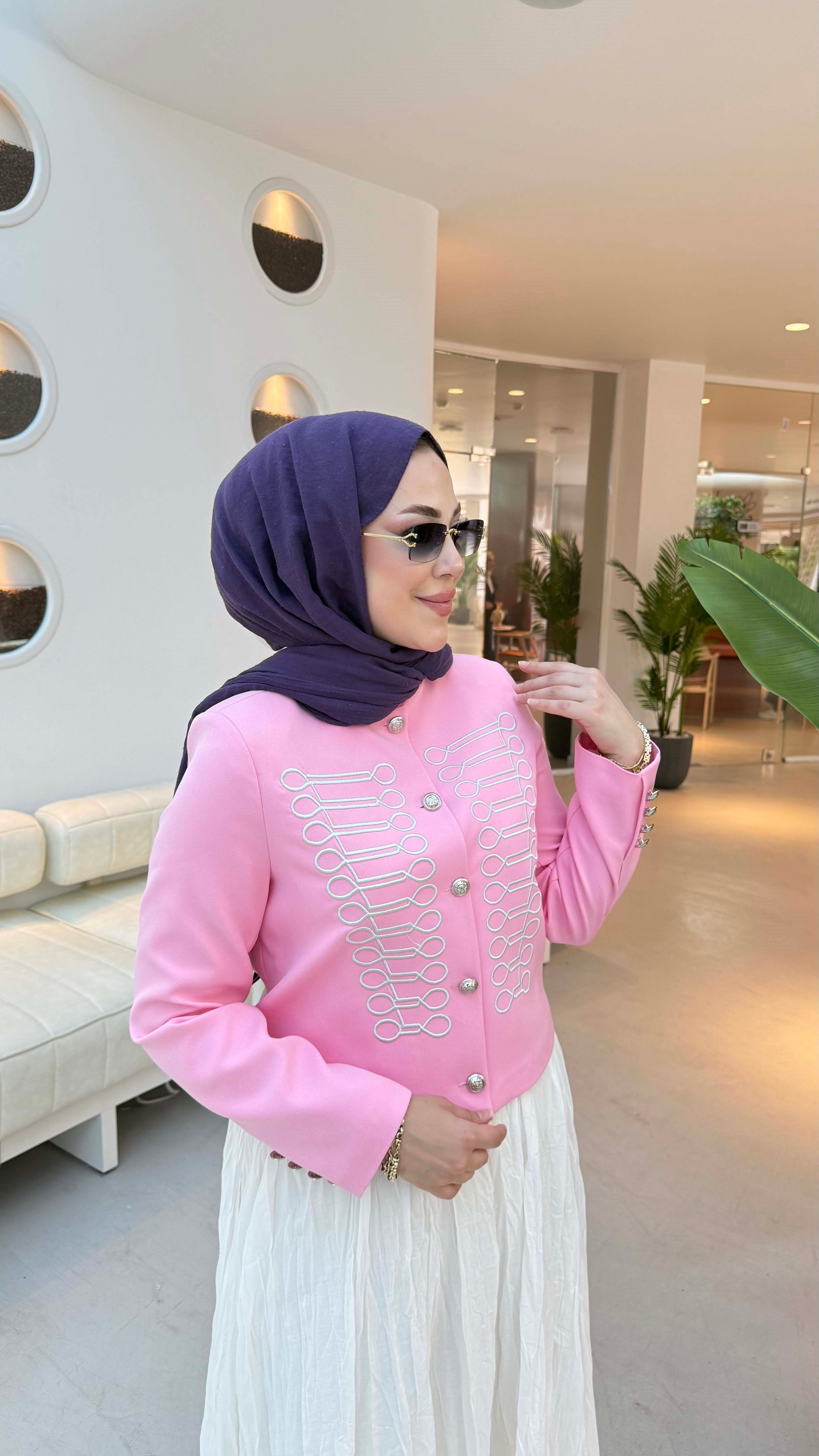 Nakışlı Hakim Yaka Ceket Pembe 6351