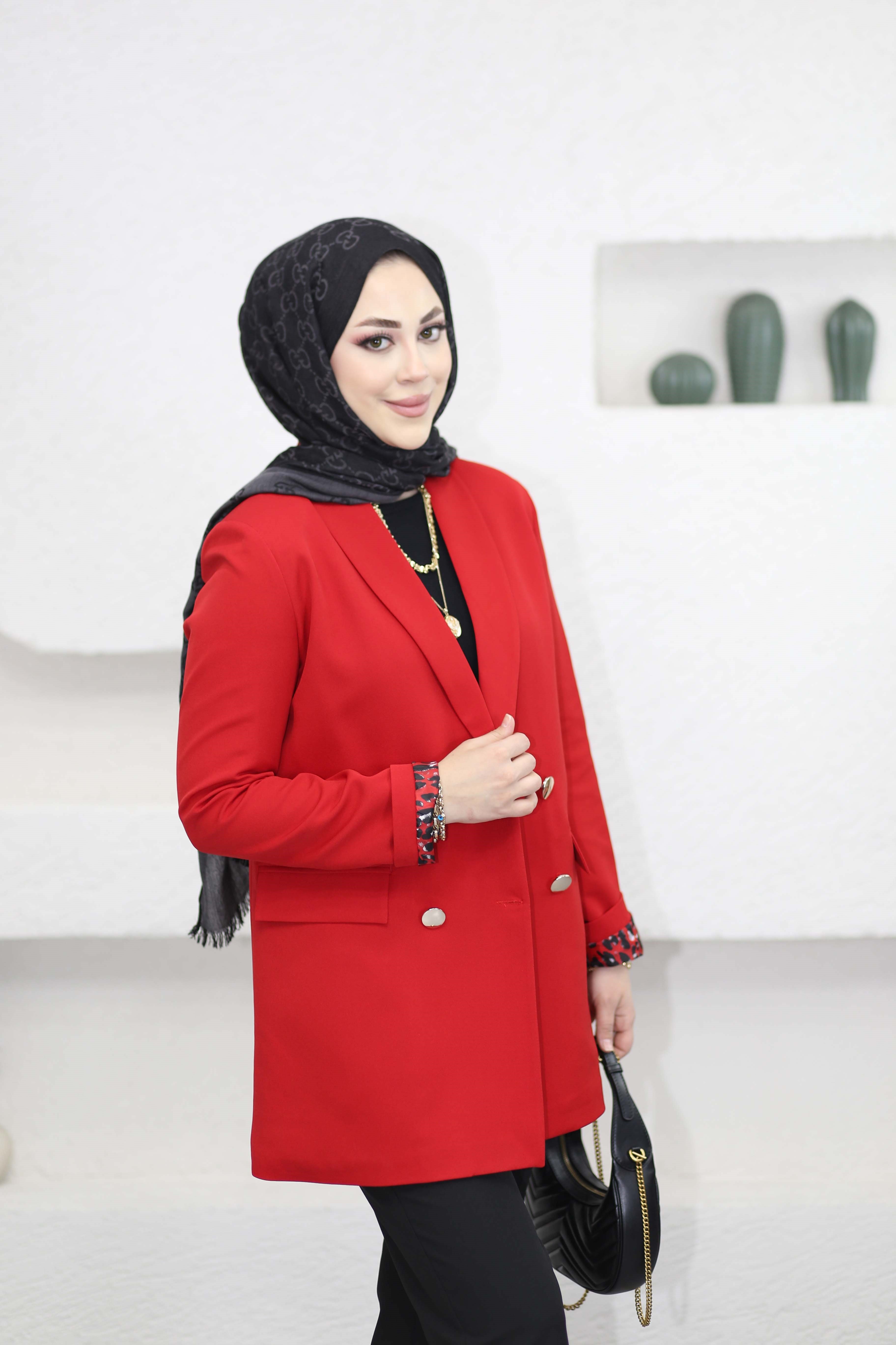 Leopar Astarlı Düğmeli Ceket Kırmızı 1156