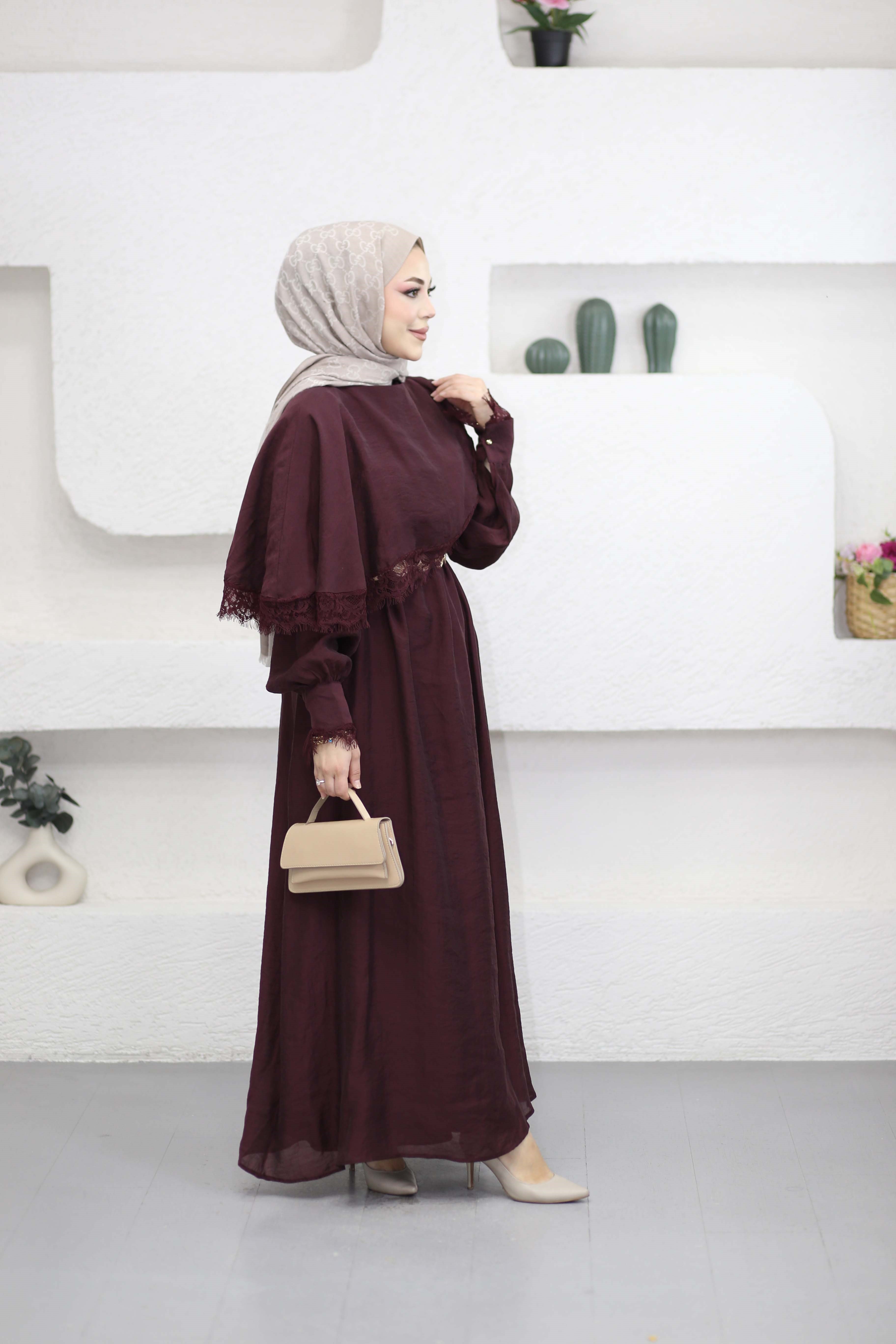 Dantel Detaylı Elbise Bordo 8386