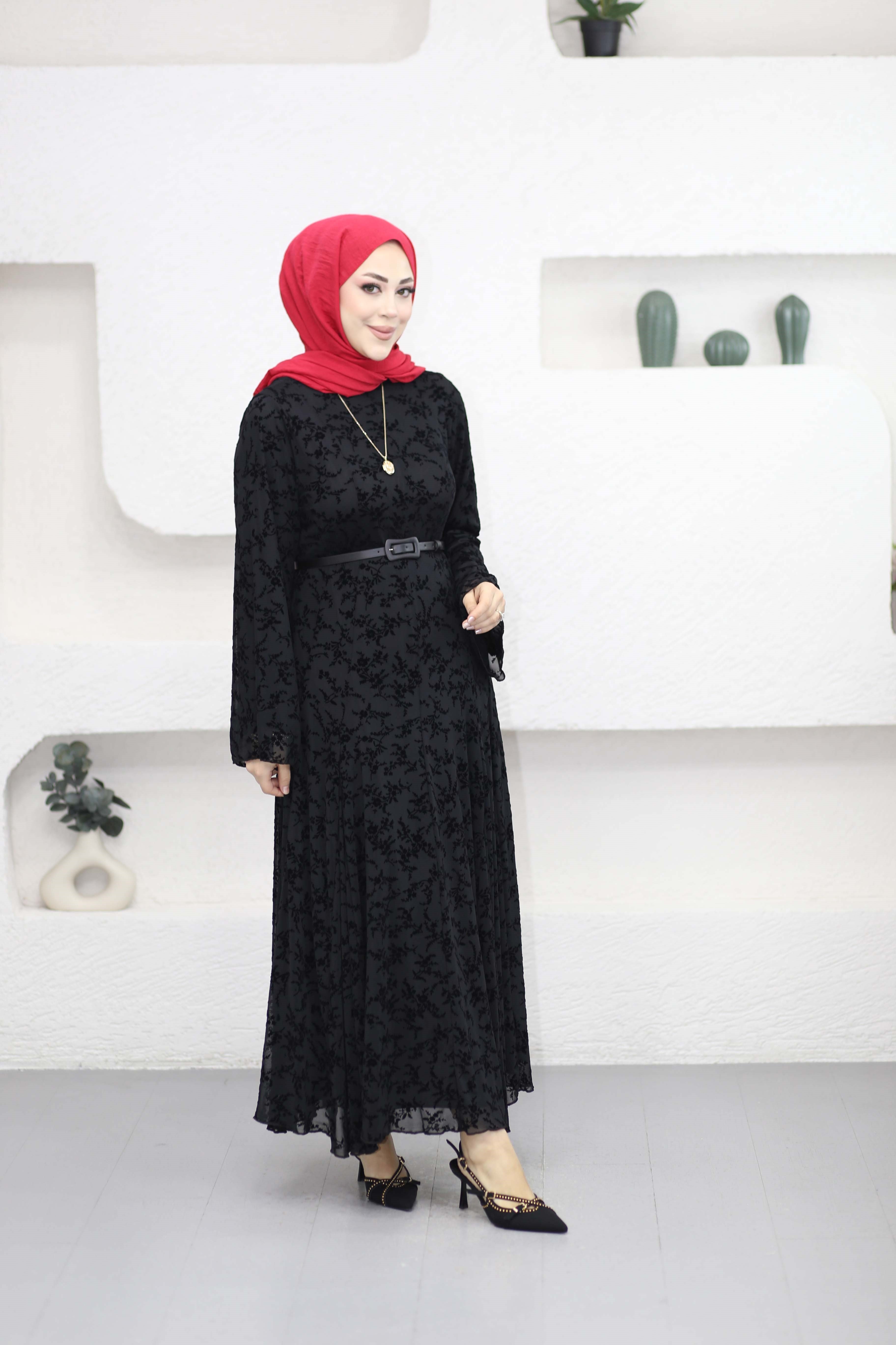 Flok Baskılı Tül Elbise Siyah 8384