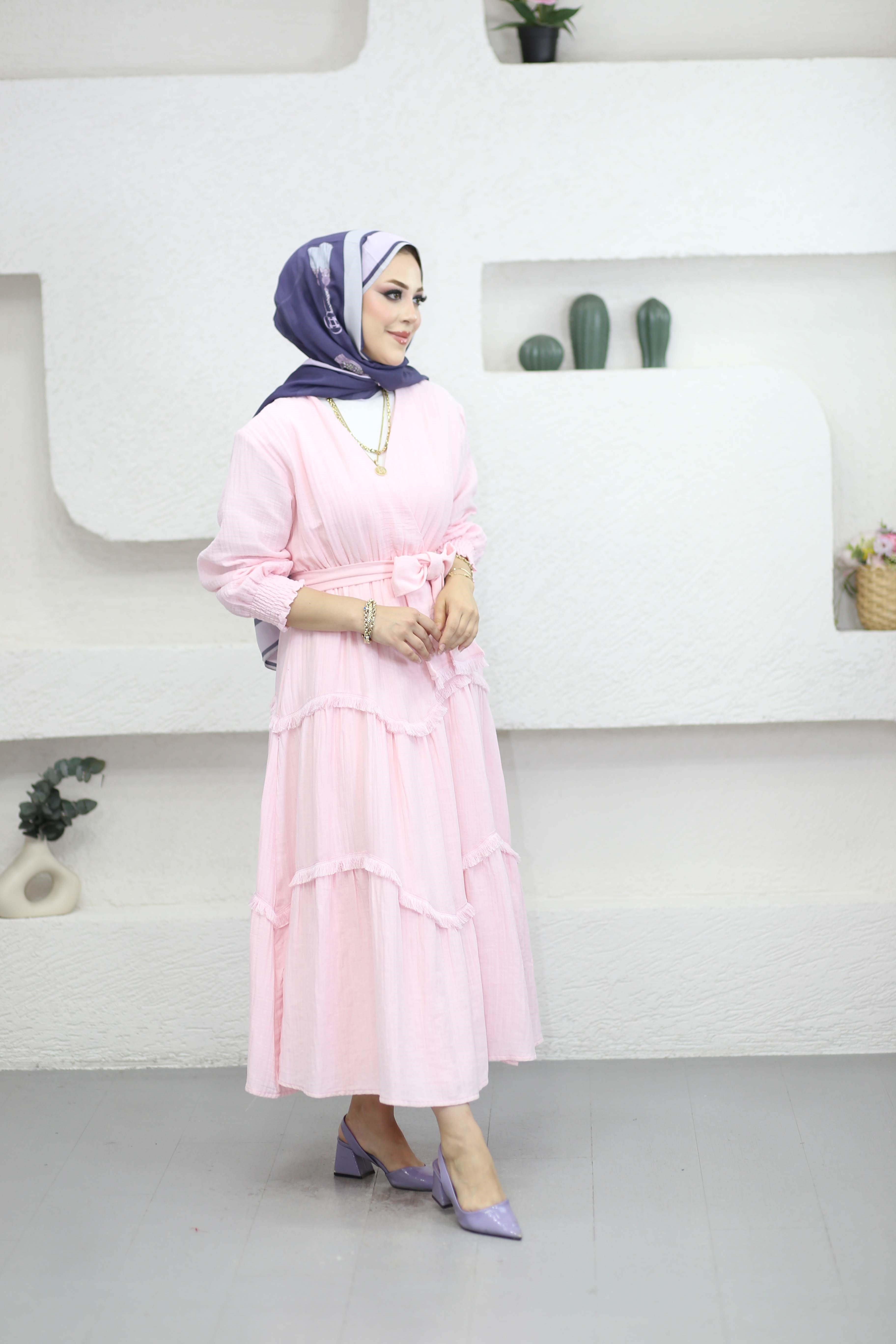 Püskül Detaylı Elbise Pembe 4496