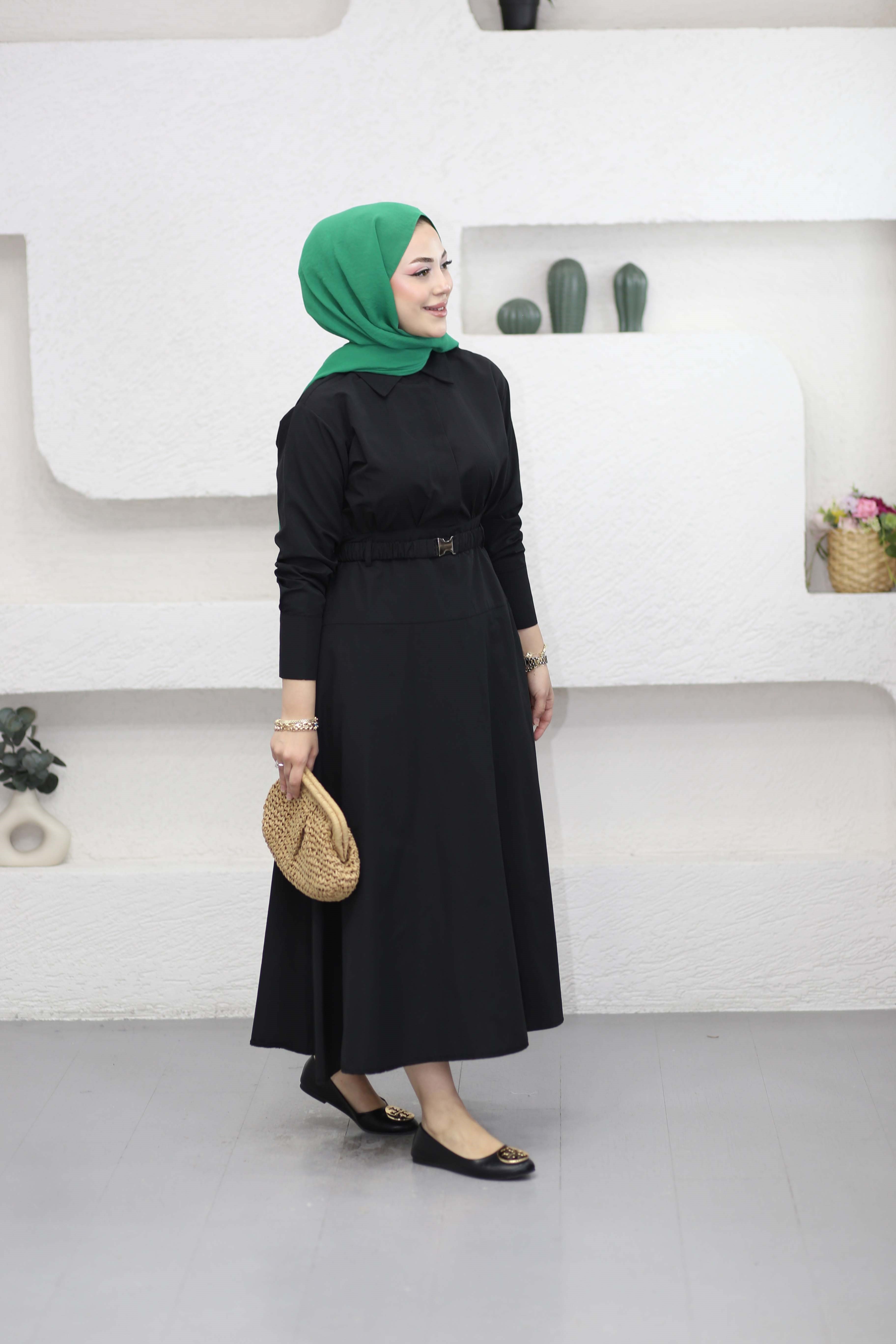Lastik Kemerli Elbise Siyah 5516