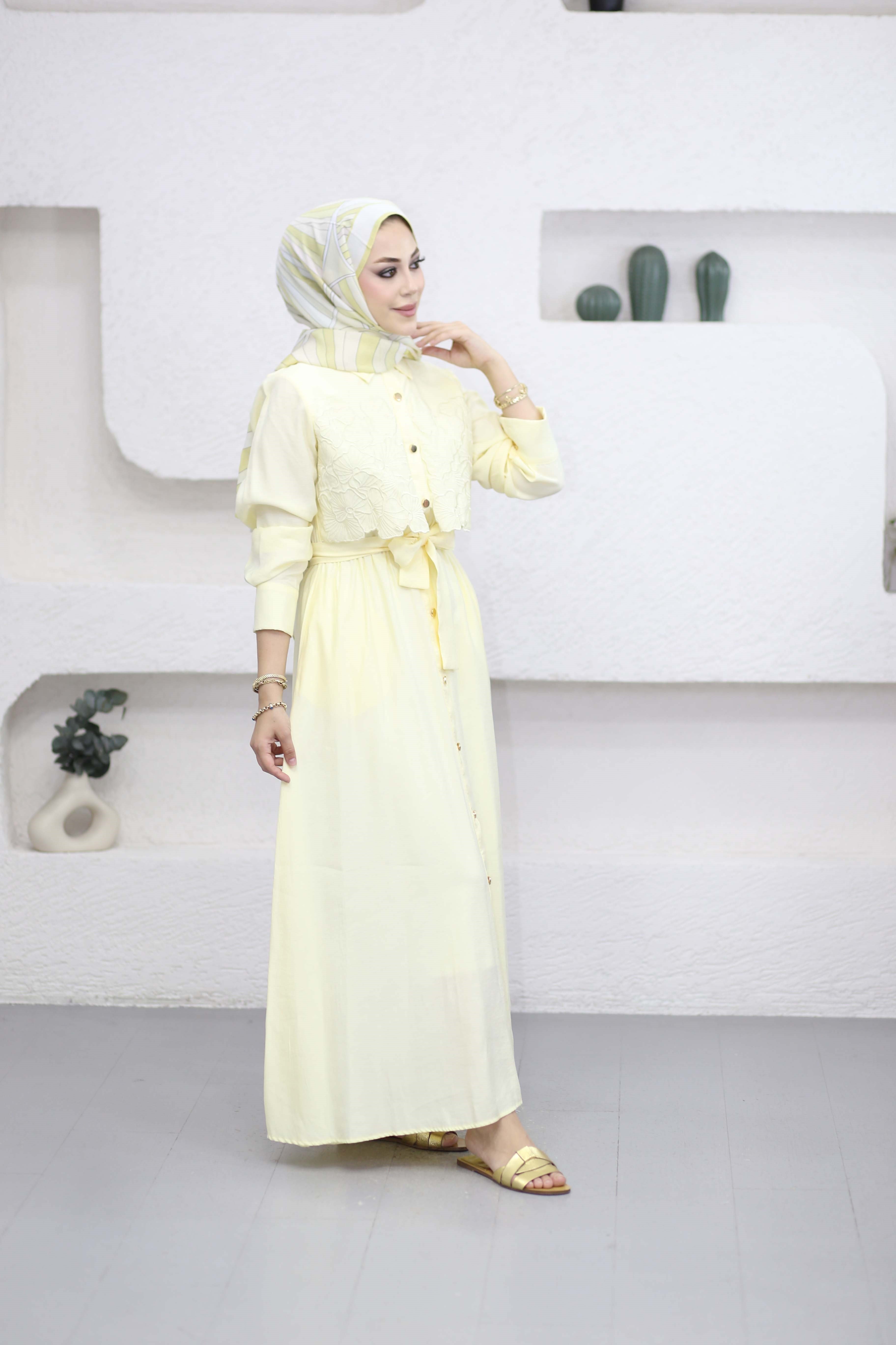 Nakışlı Modal Elbise Sarı 3130