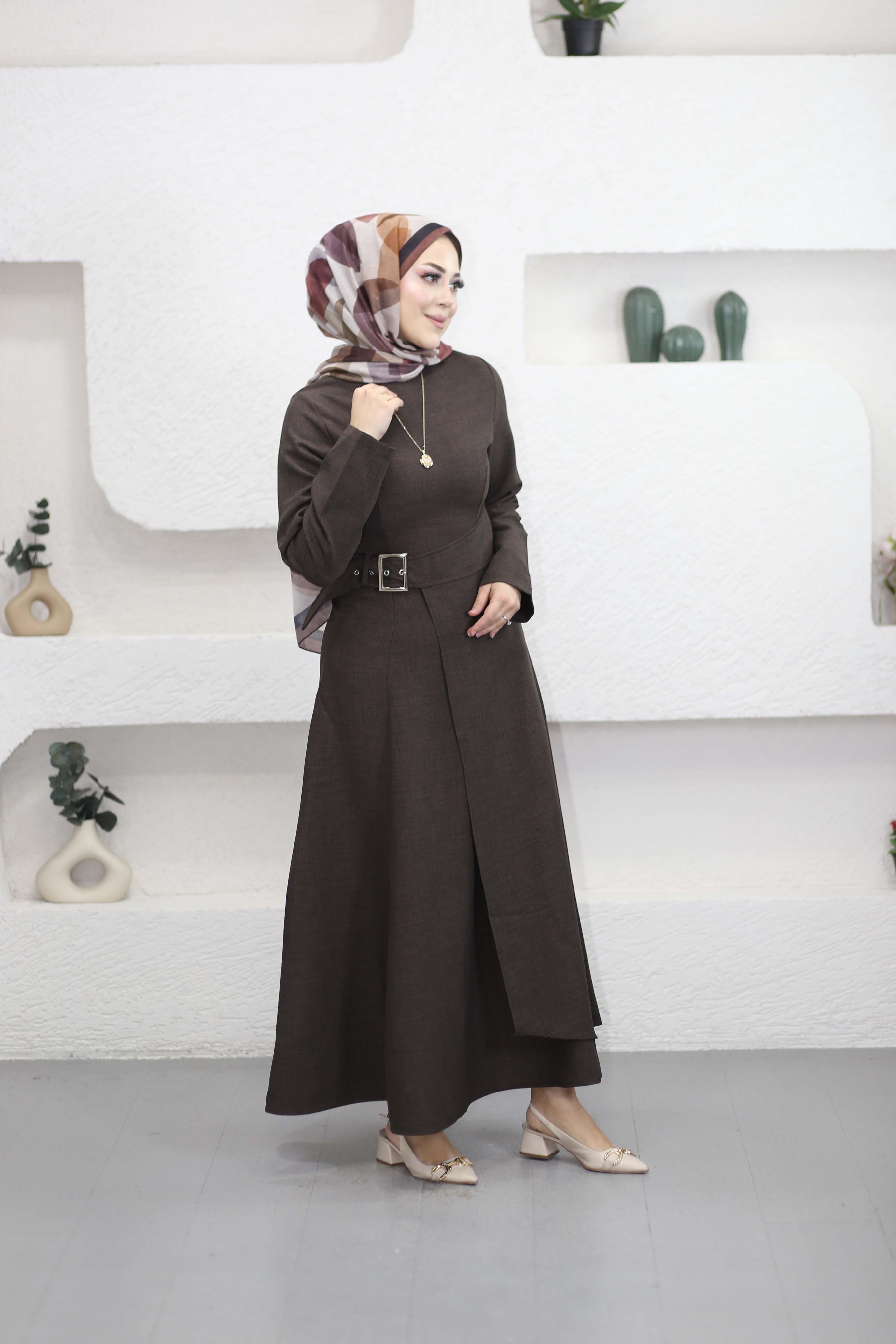 Beli Toka Detaylı Elbise Kahverengi 26134