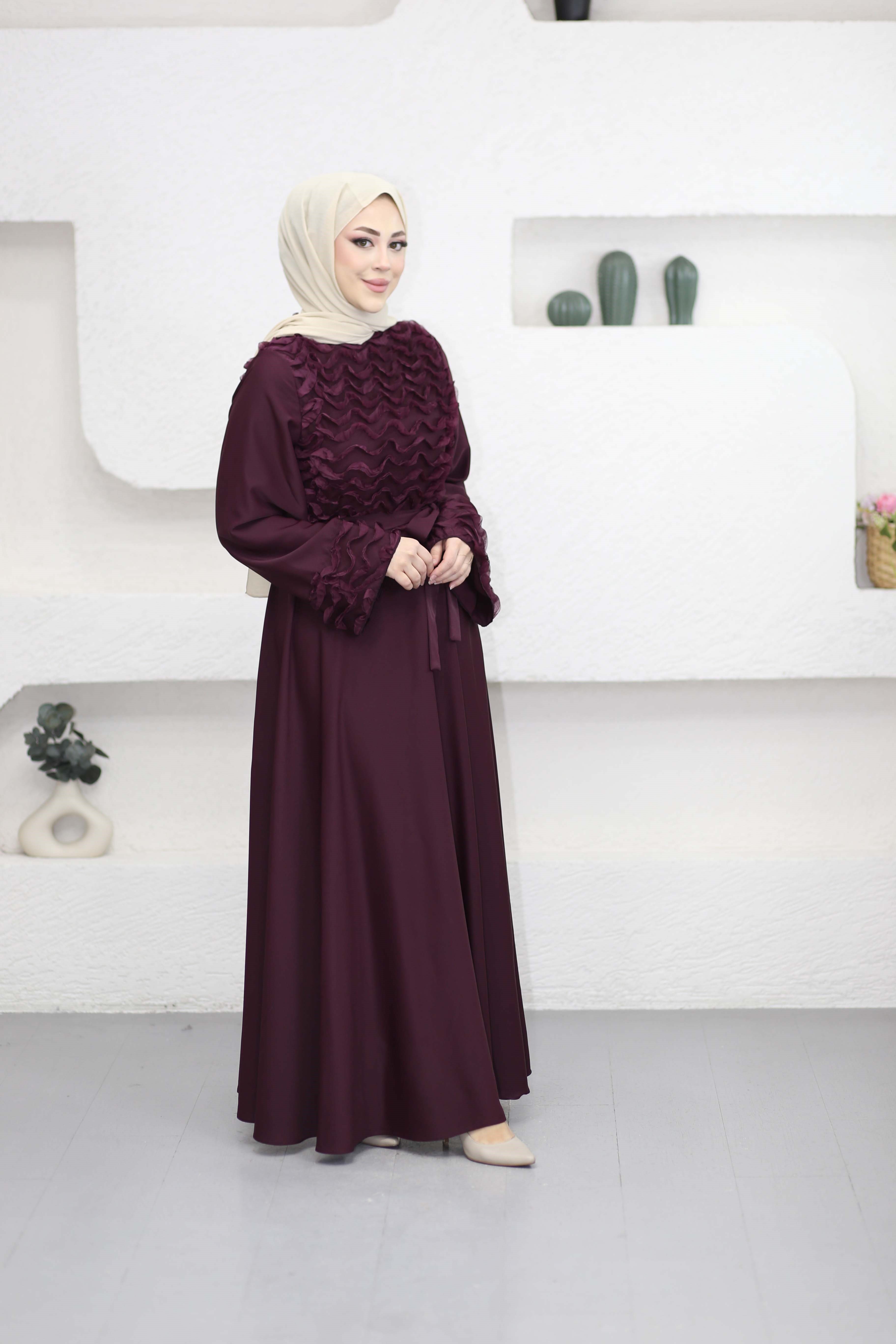 Güpür Dantel Detaylı Elbise Mürdüm 26088