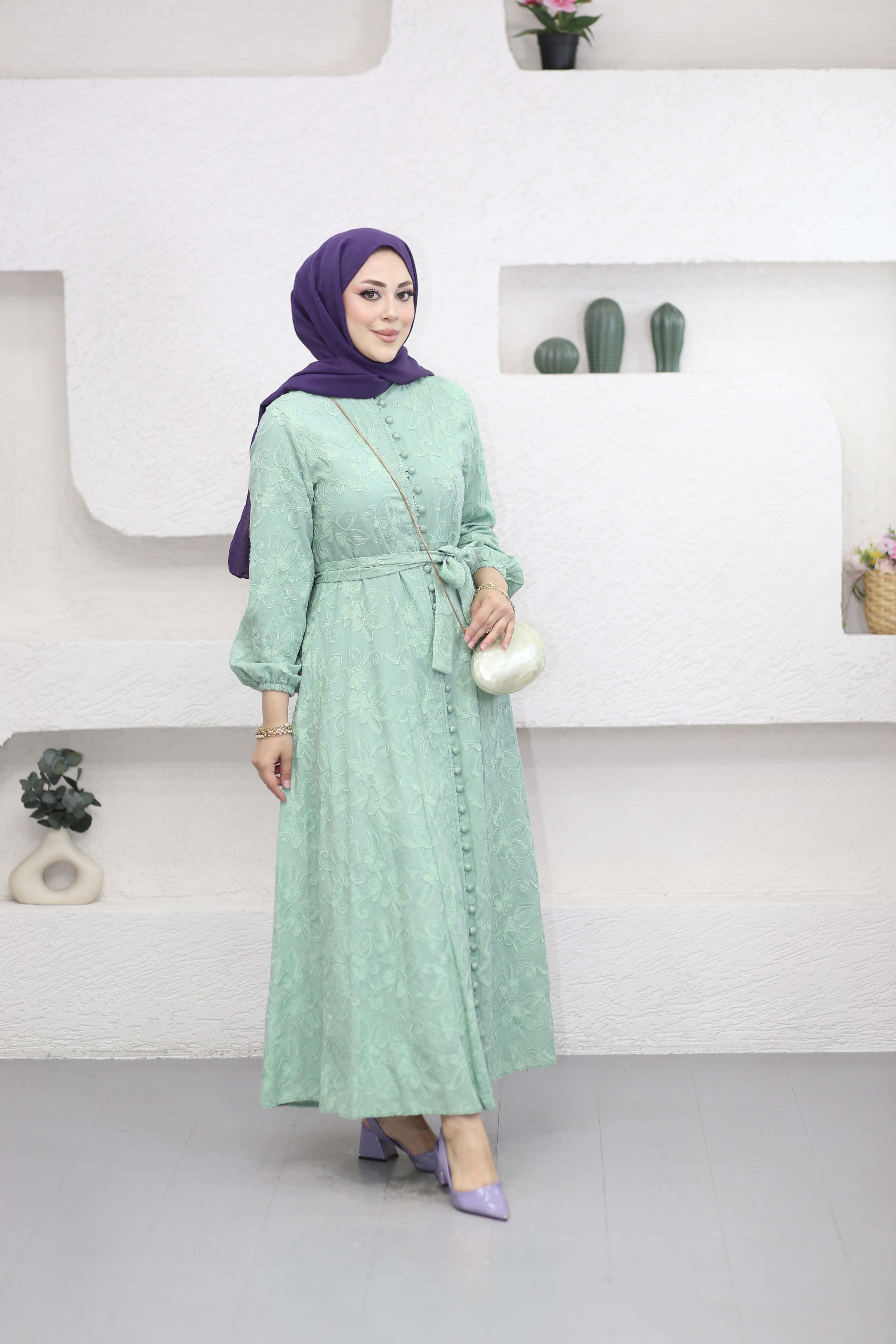 Desenli Asya Elbise Yeşil 5345