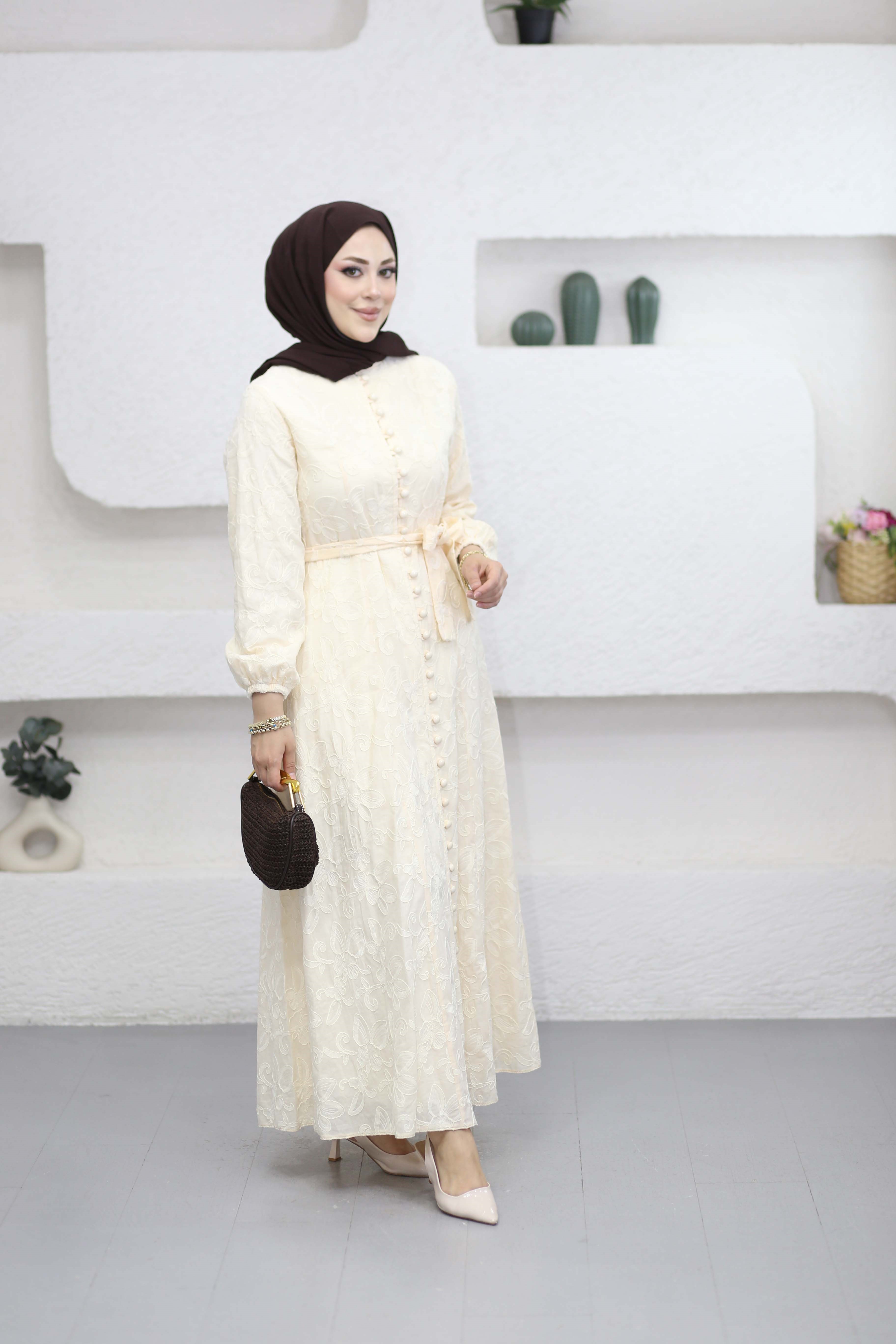 Desenli Asya Elbise Krem 5345