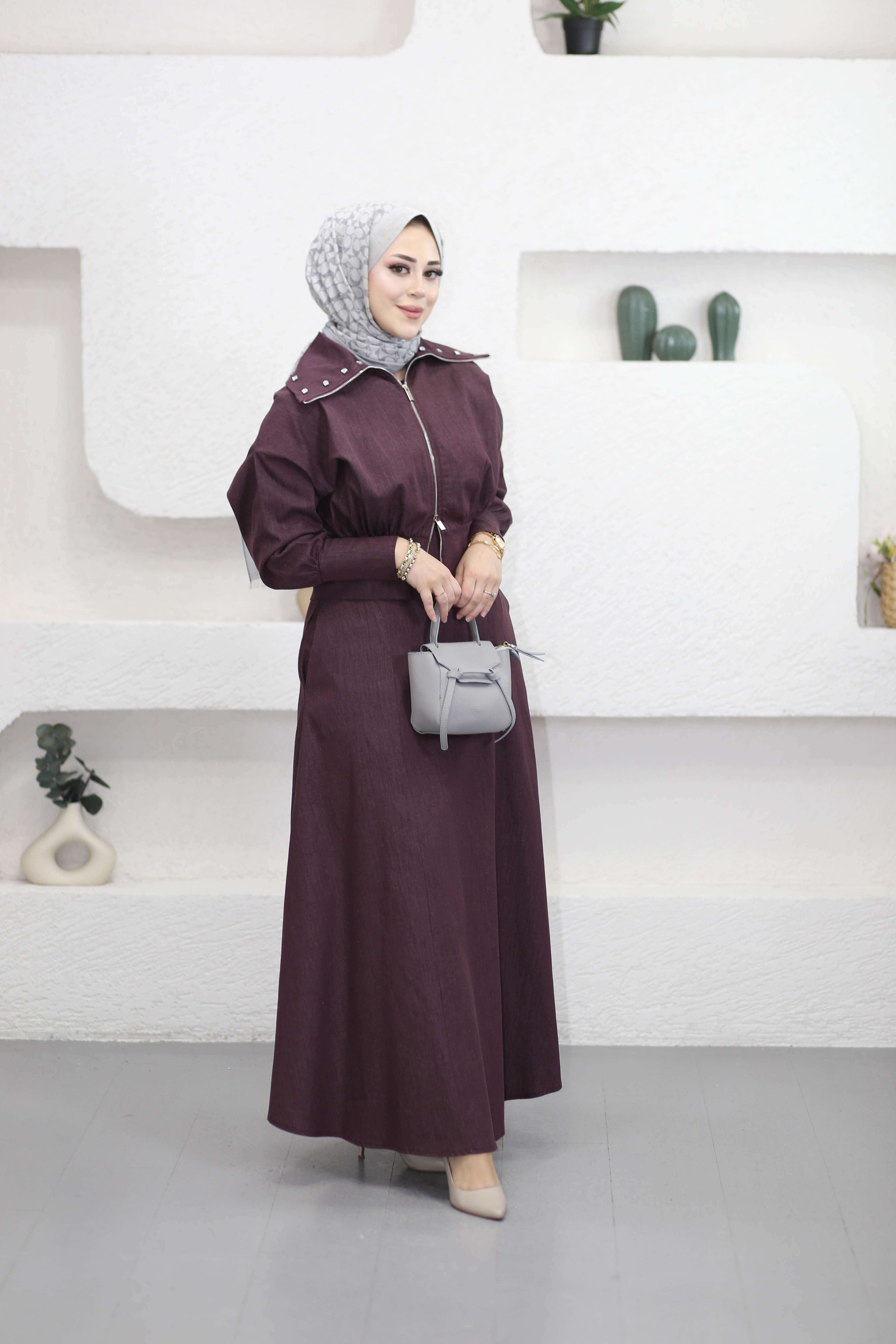 Yakası Taşlı Elbise Takım Bordo 2004