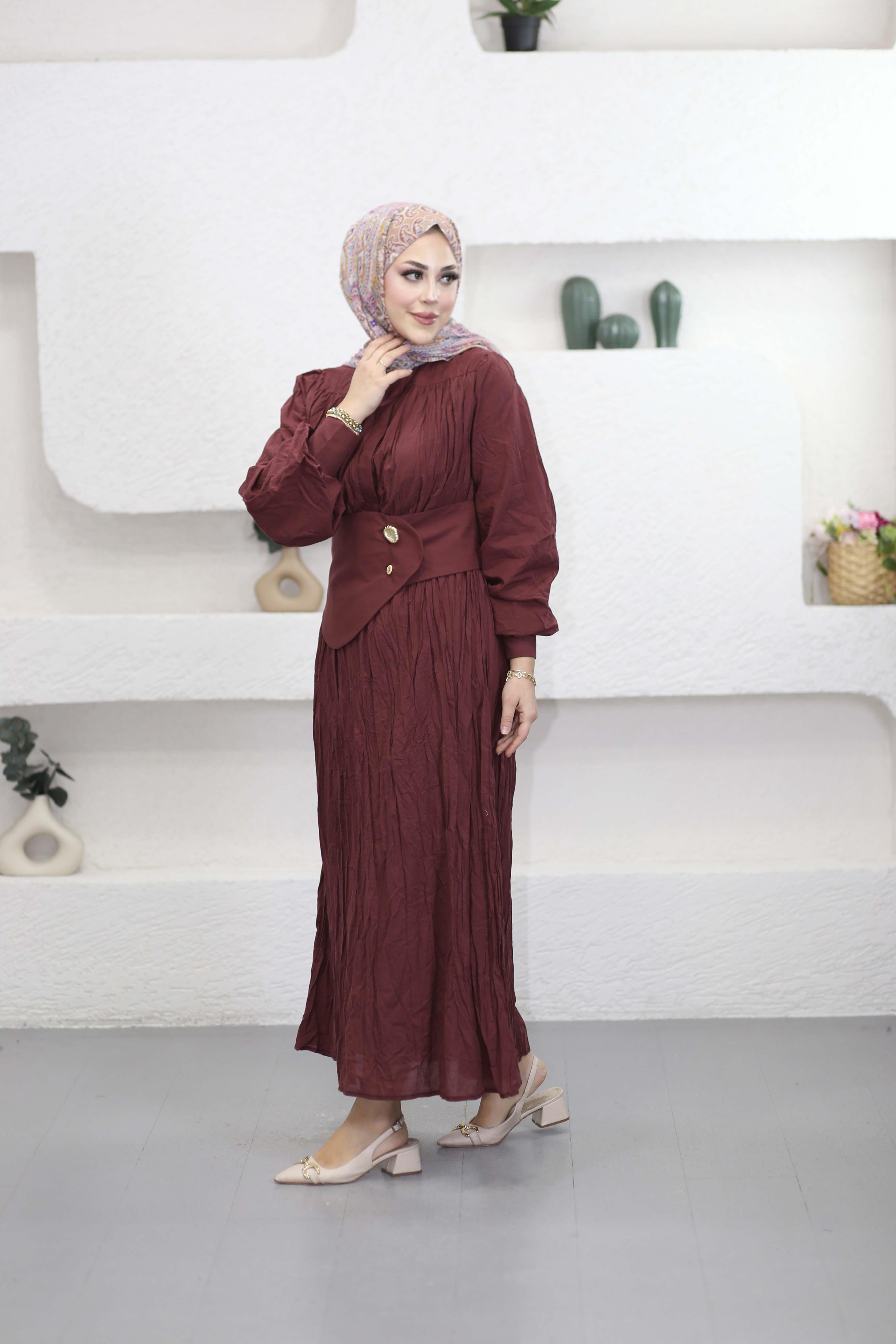 Büzgülü Yarım Patlı Vual Elbise Bordo 8323