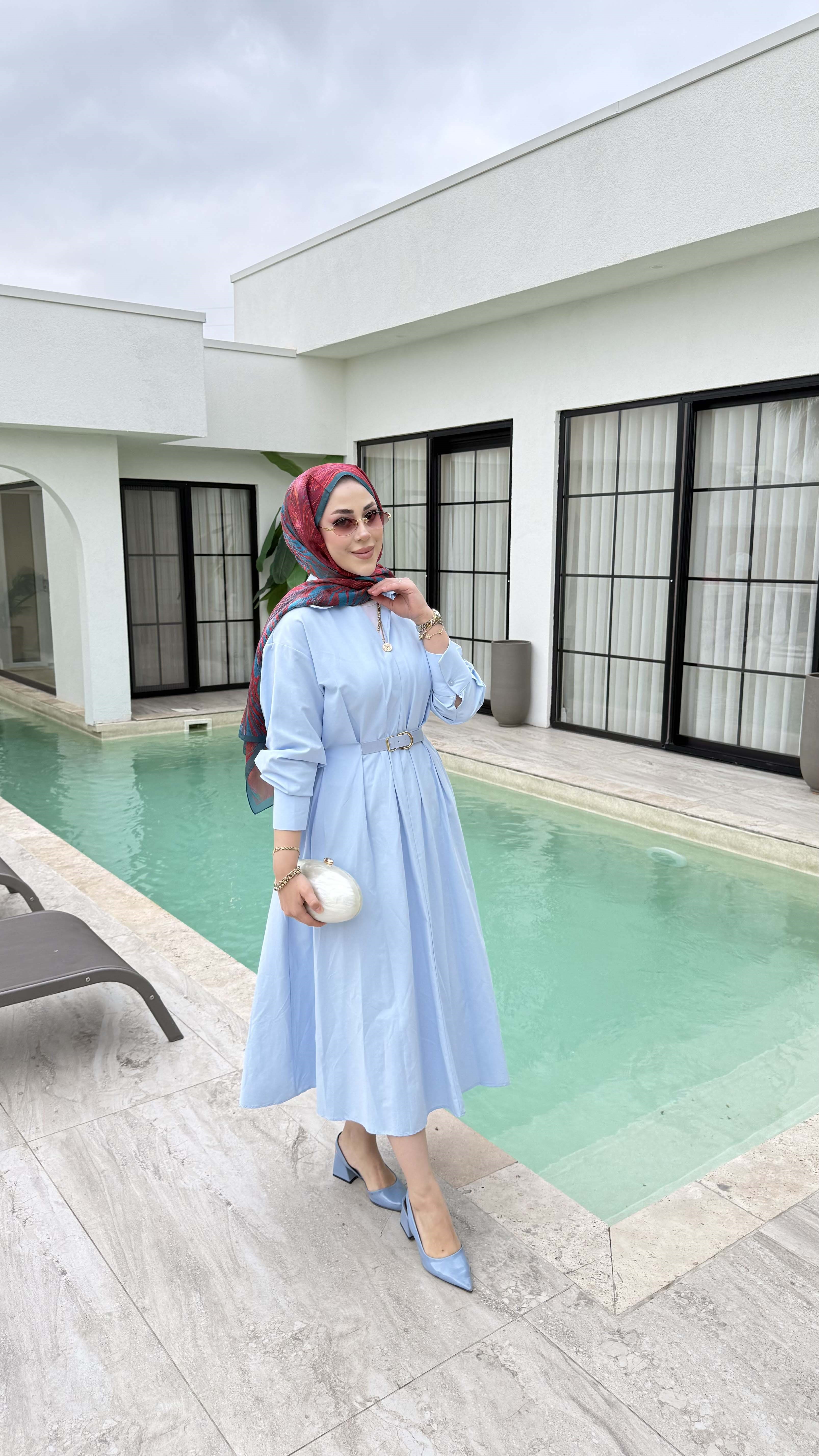 Beli Lastikli Kemer Detaylı Gömlek Elbise Bebe Mavi 5518