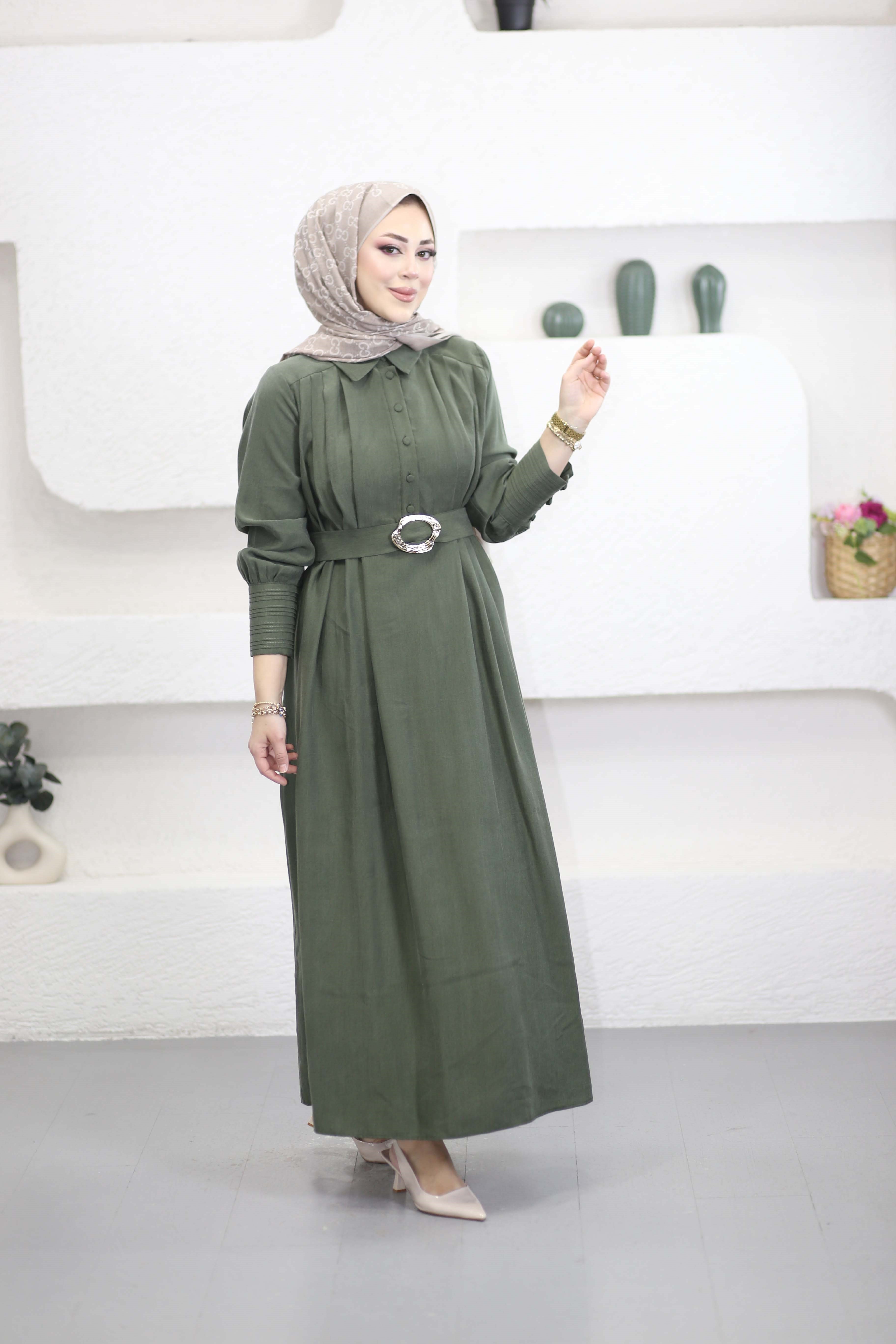 Omuzdan Pileli Twist Elbise Haki 2115