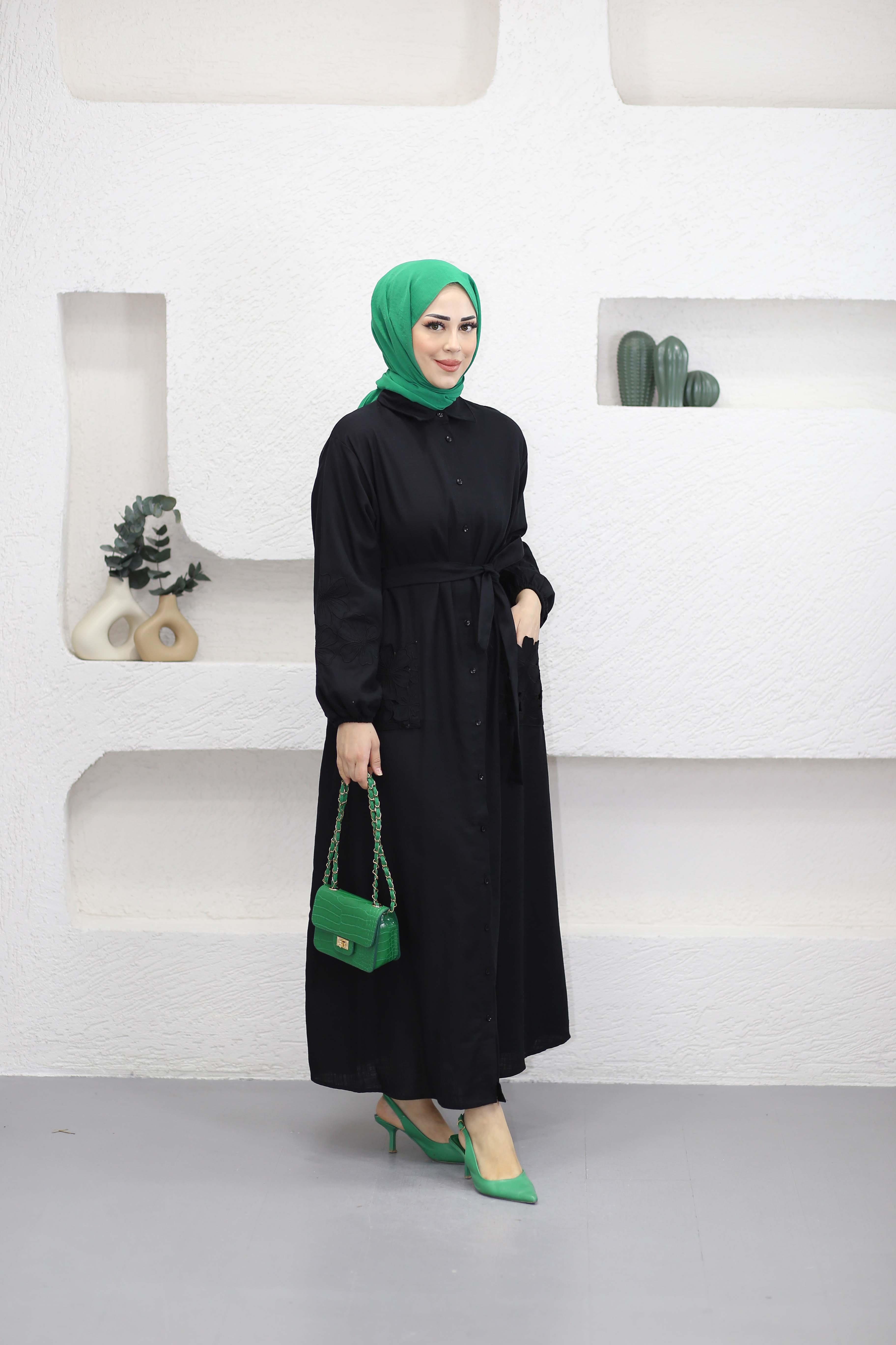 Çiçek Nakışlı Elbise Siyah 2897