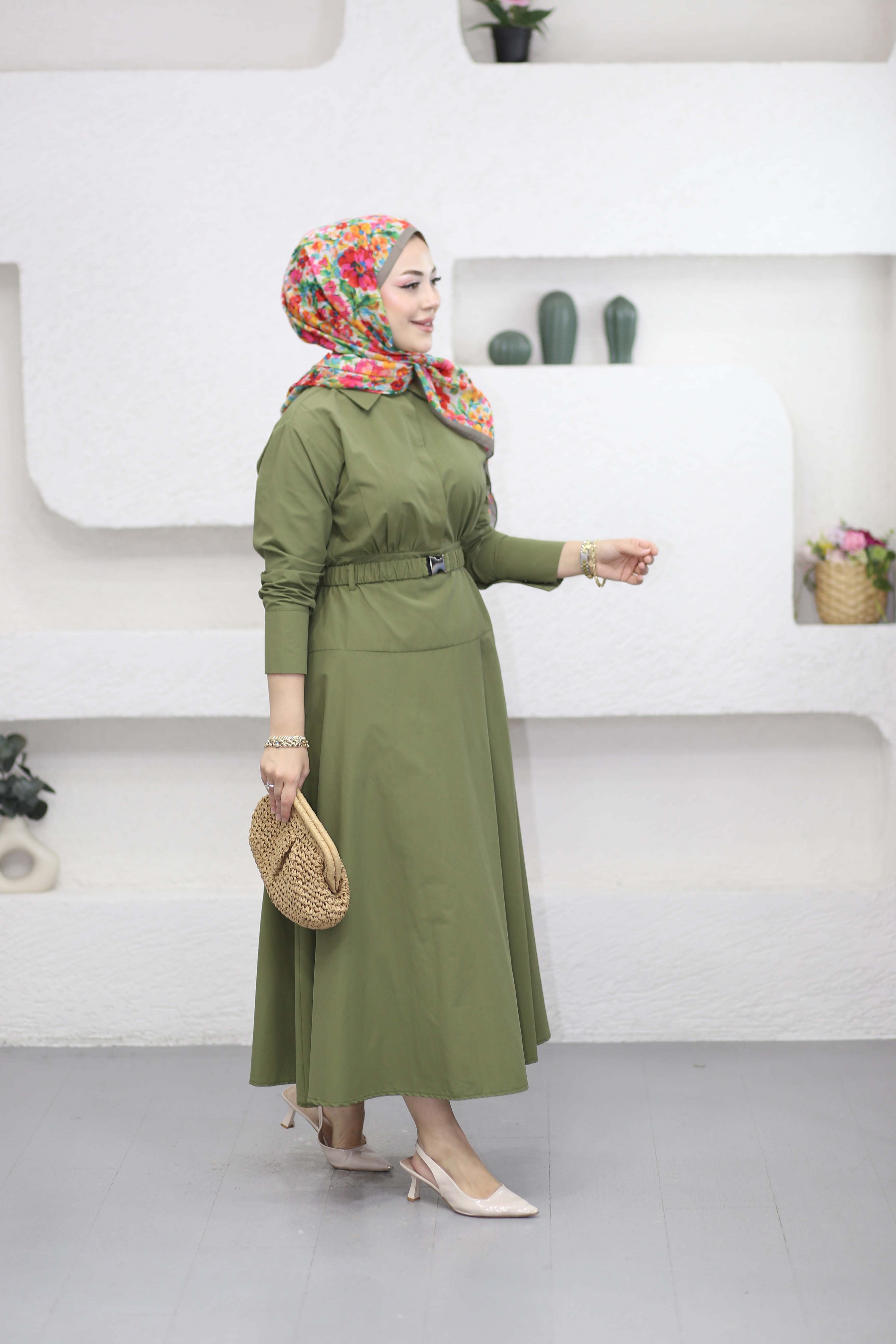 Lastik Kemerli Elbise Haki 5516
