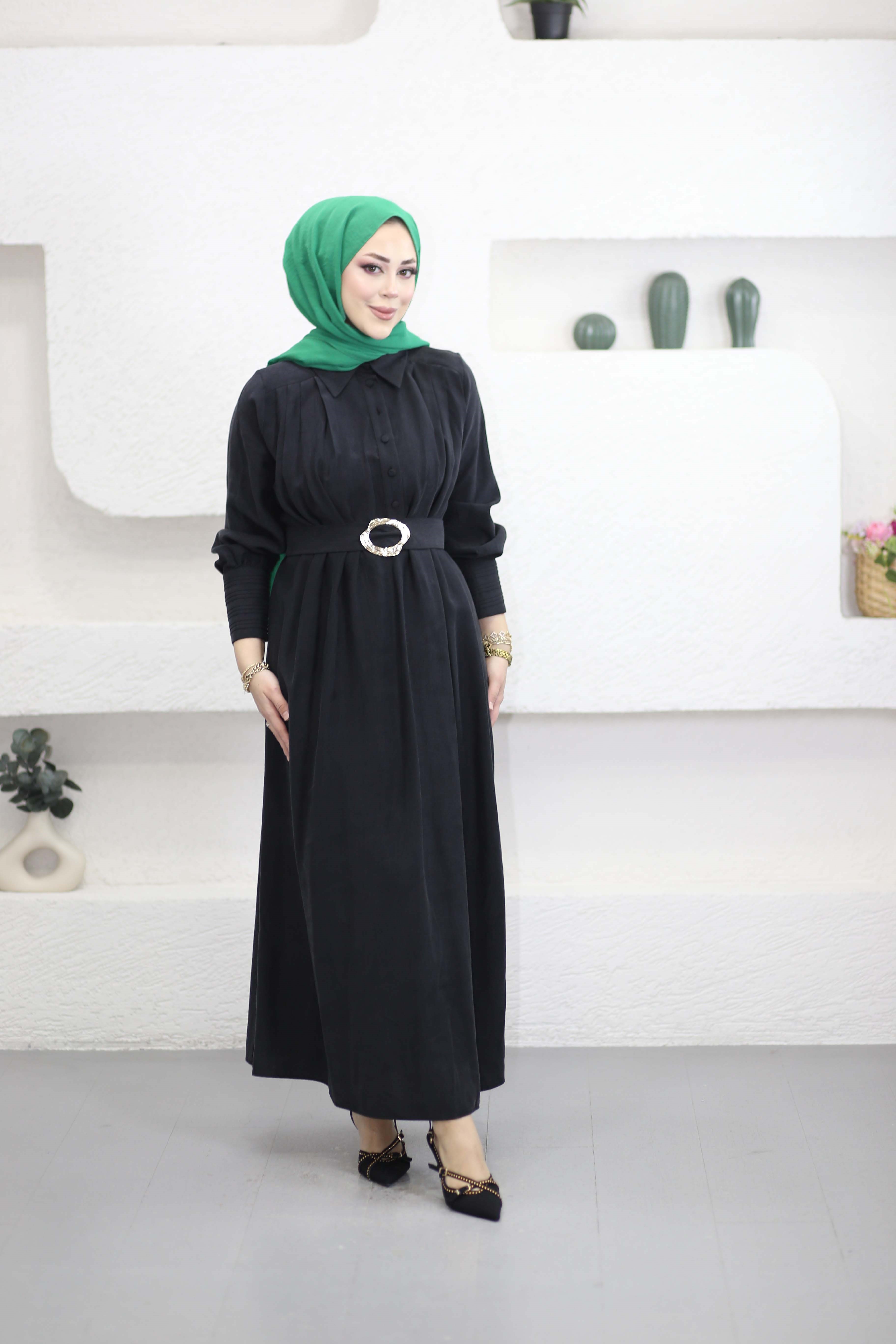 Omuzdan Pileli Twist Elbise Siyah 2115