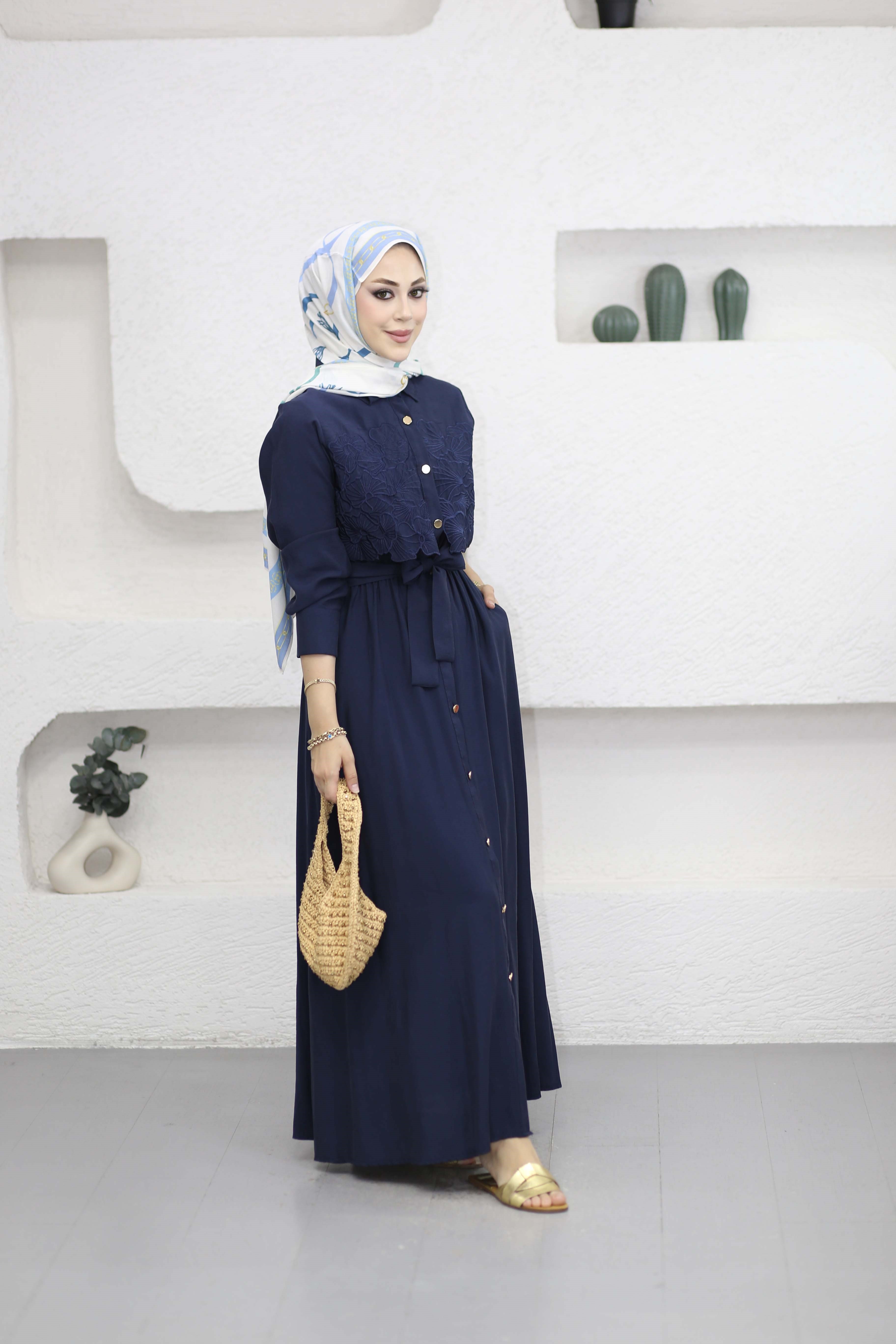 Nakışlı Modal Elbise Lacivert 3130