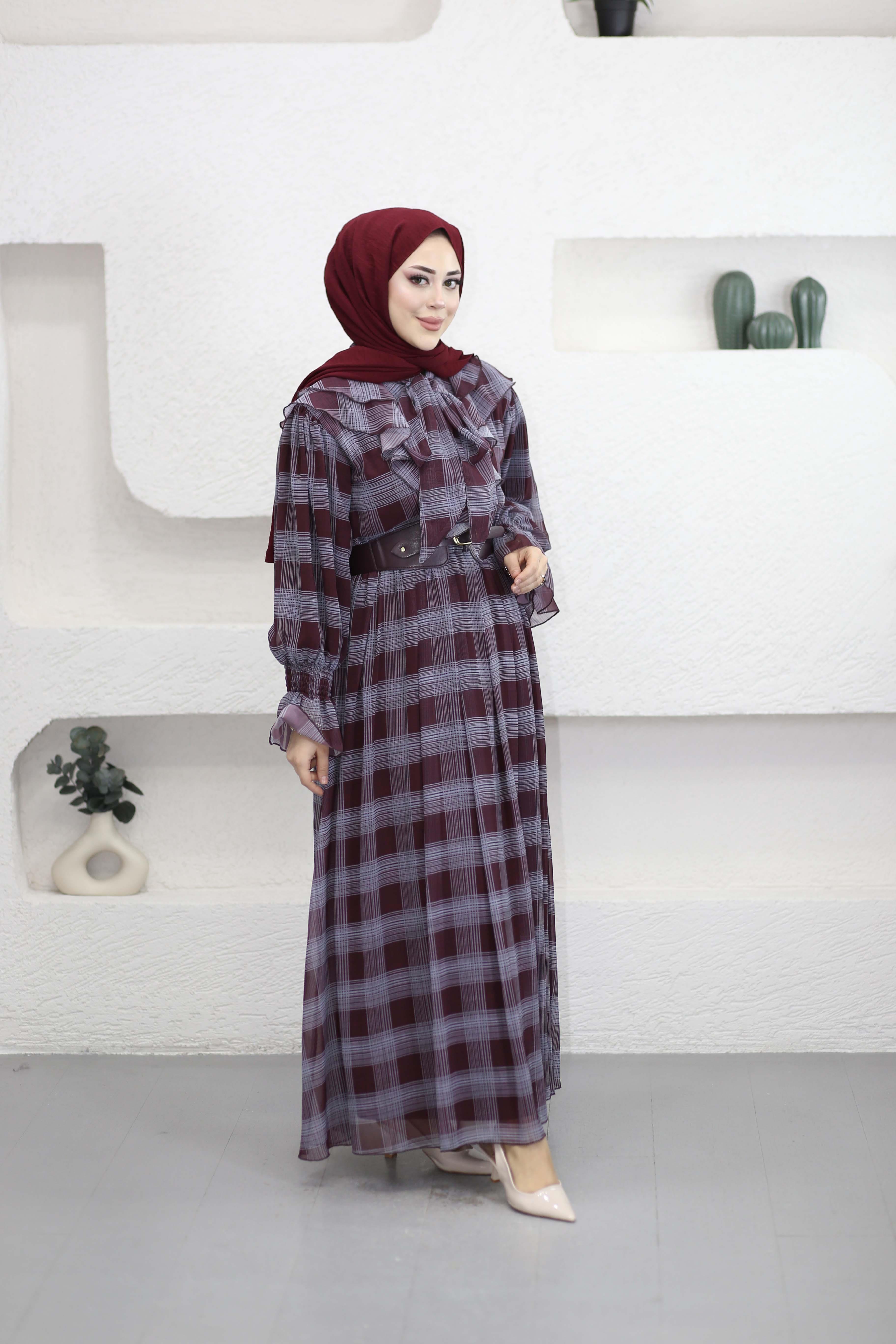 Yaka Volanlı Ekose Şifon Elbsie Bordo 8256