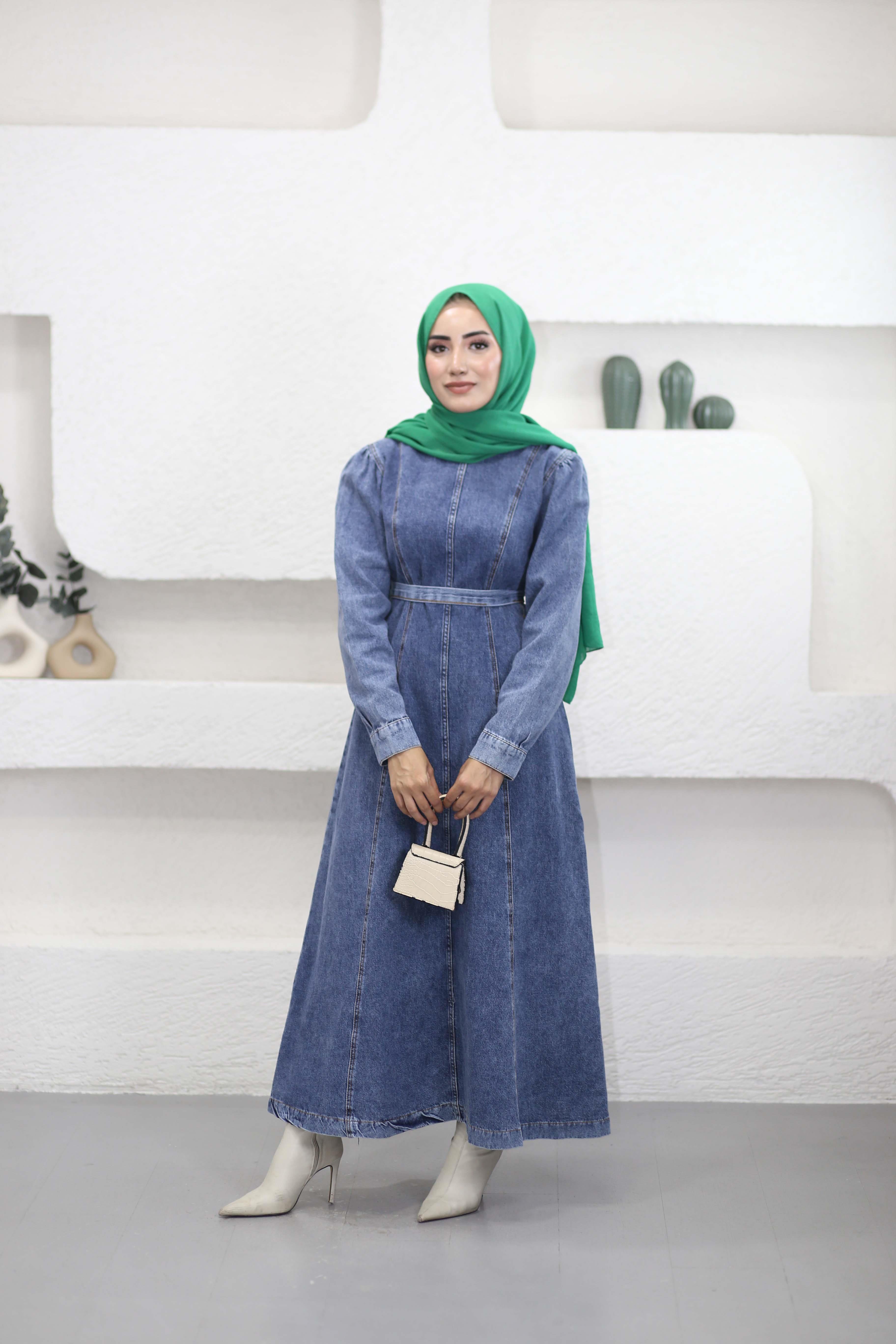 Dikiş Detaylı Denim Elbise Açık Mavi 91010