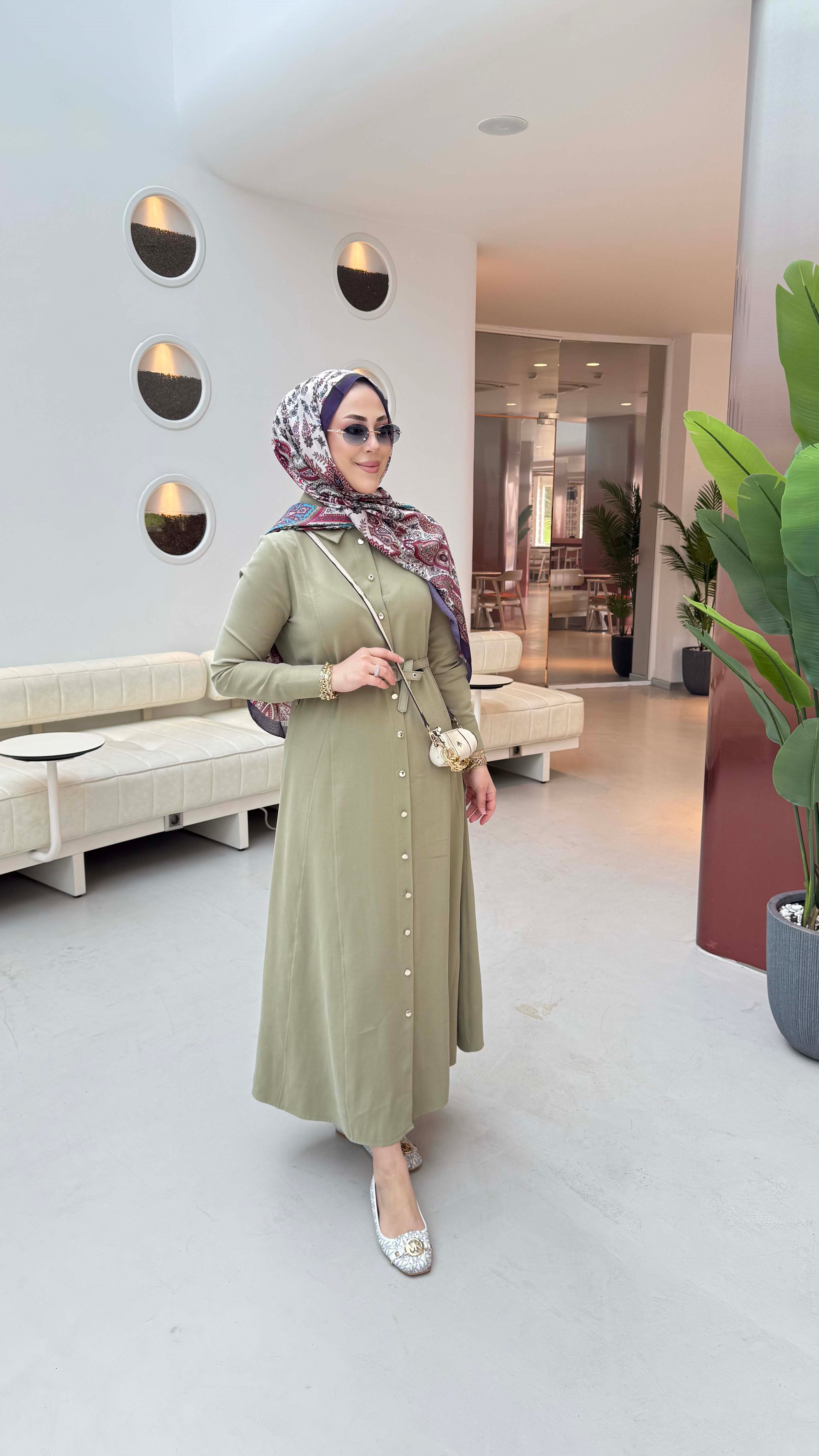 Düğmeli Tencel Gömlek Elbise Yeşil 5499
