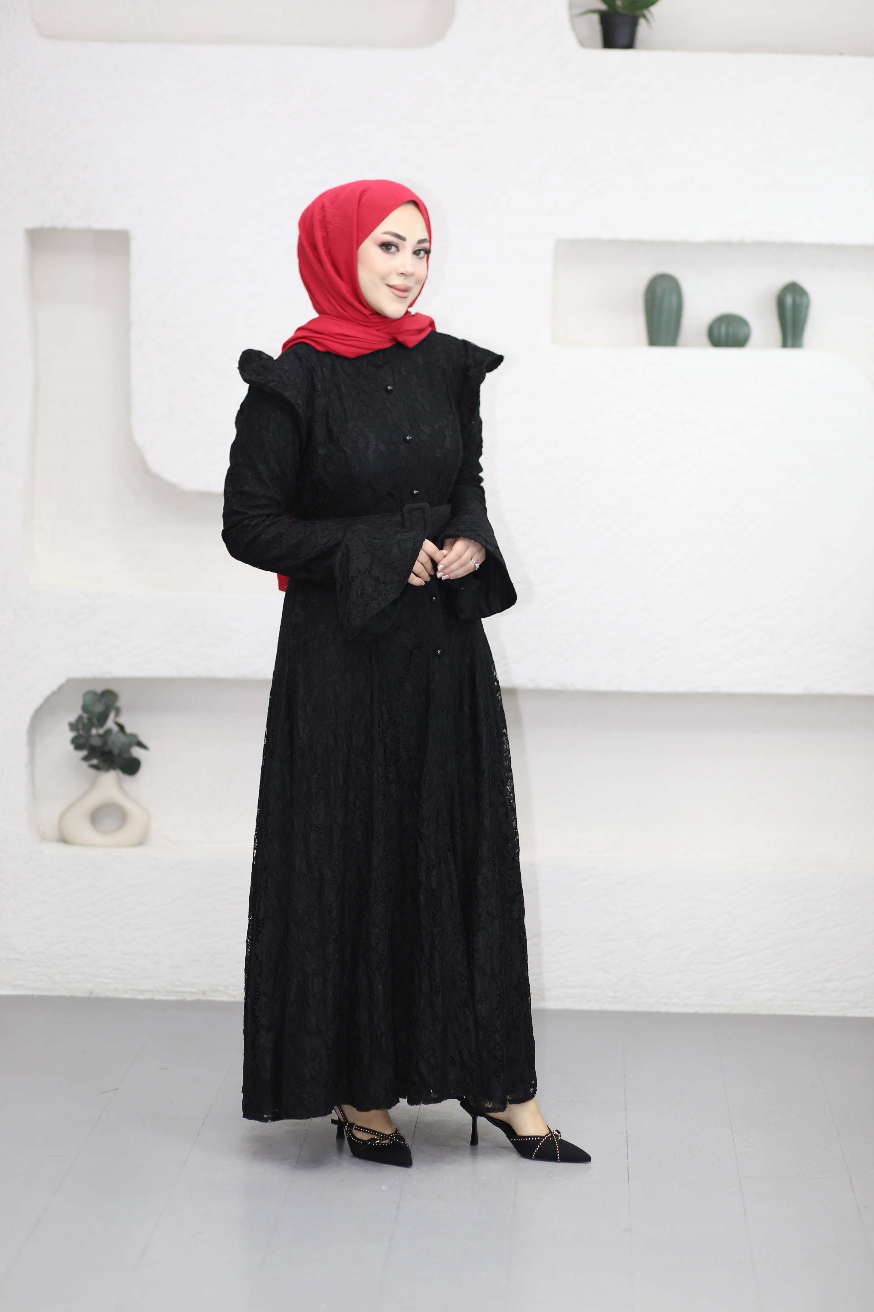 Ivary Dantelli Elbise Siyah 5772