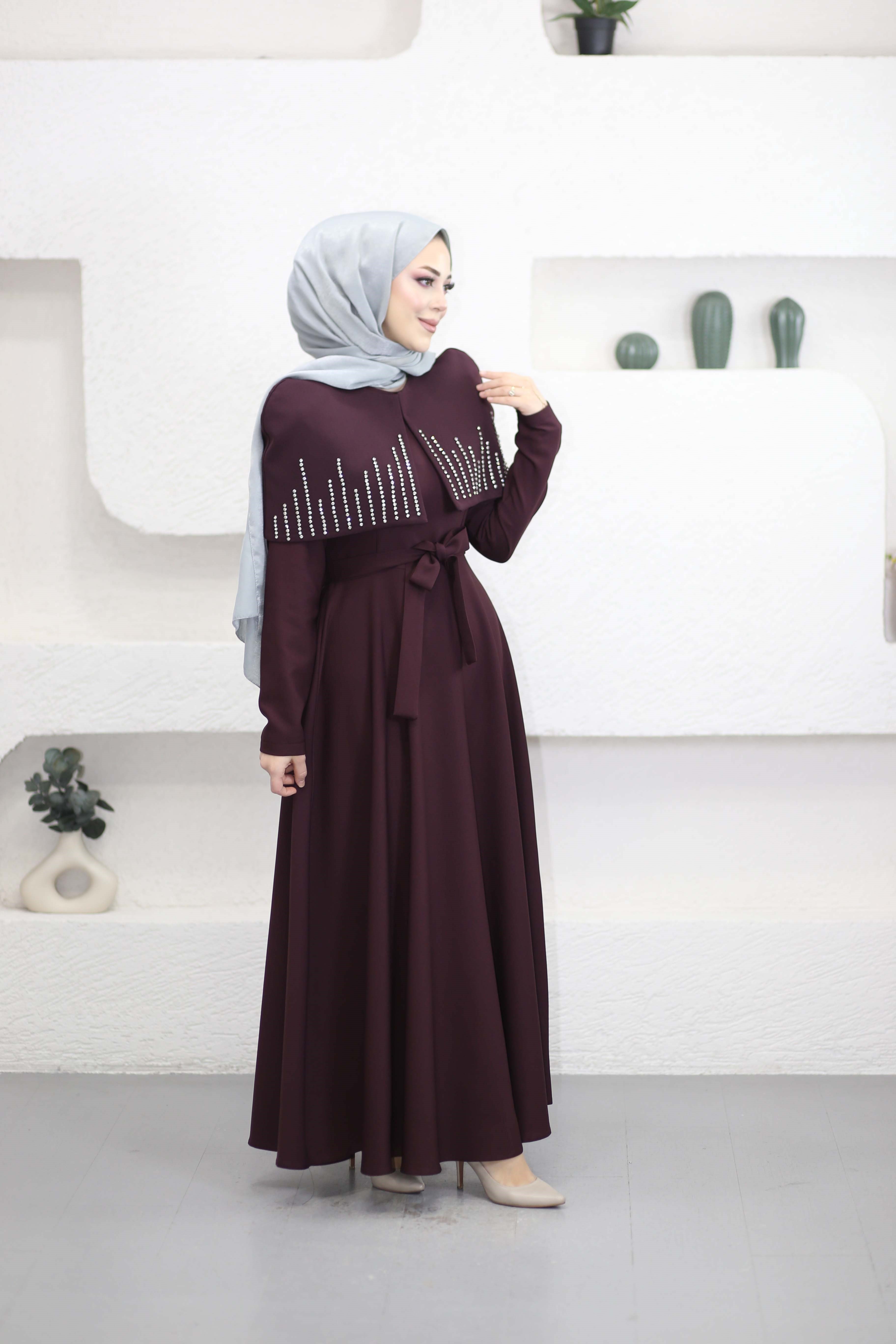 Taş Detaylı Bolerolu Elbise Bordo 26091