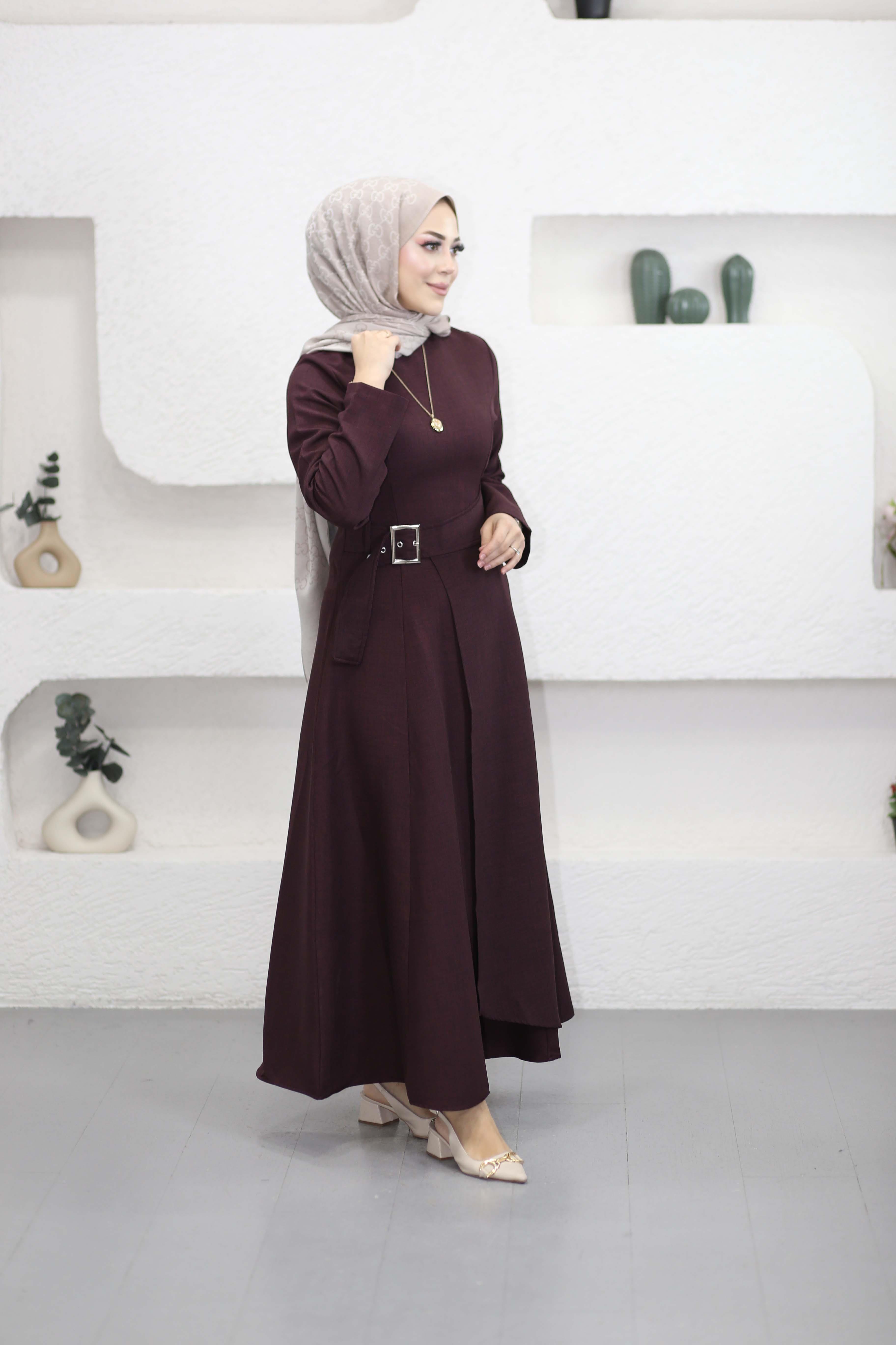 Beli Toka Detaylı Elbise Bordo 26134