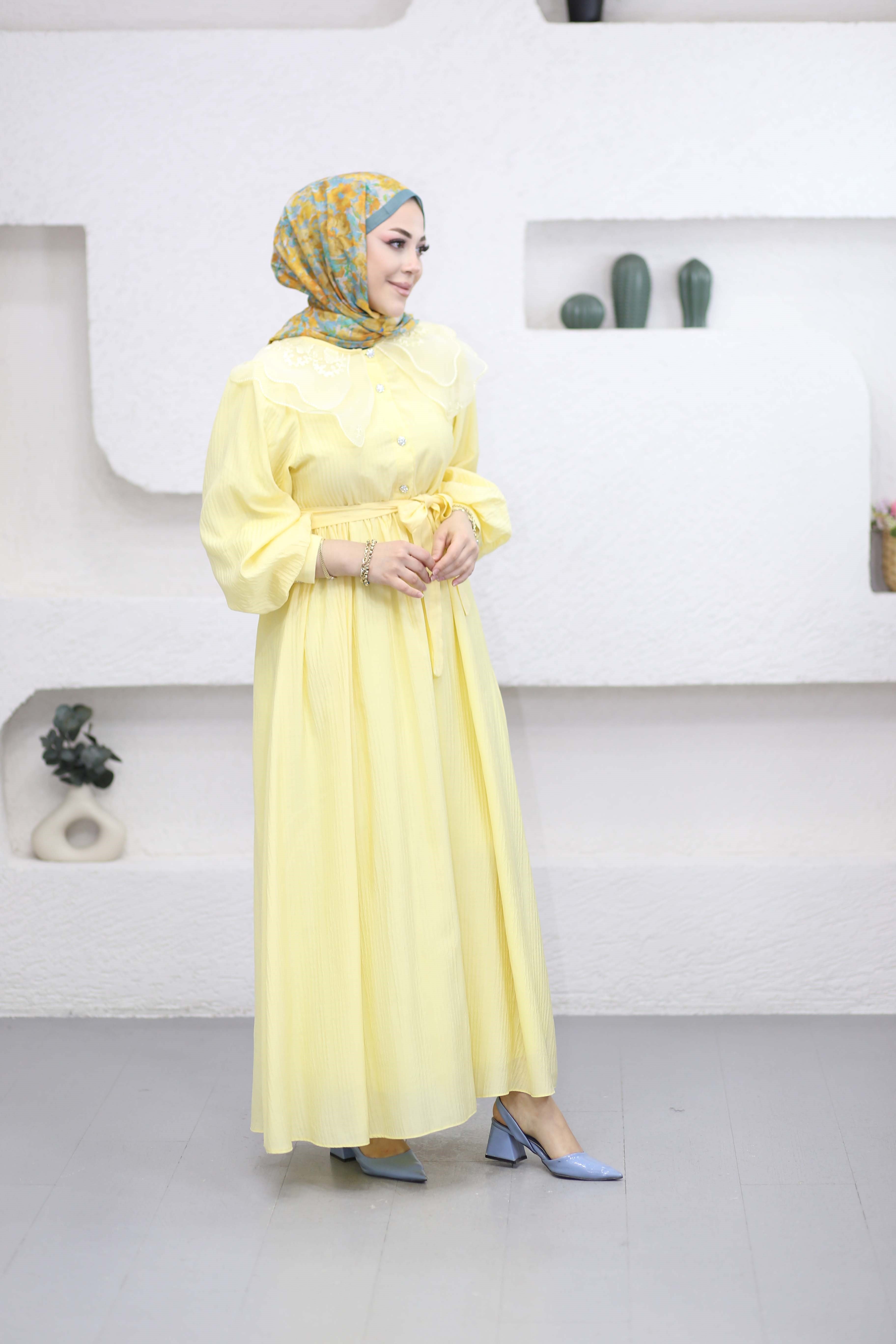 Tül Yaka Elbise Sarı 265