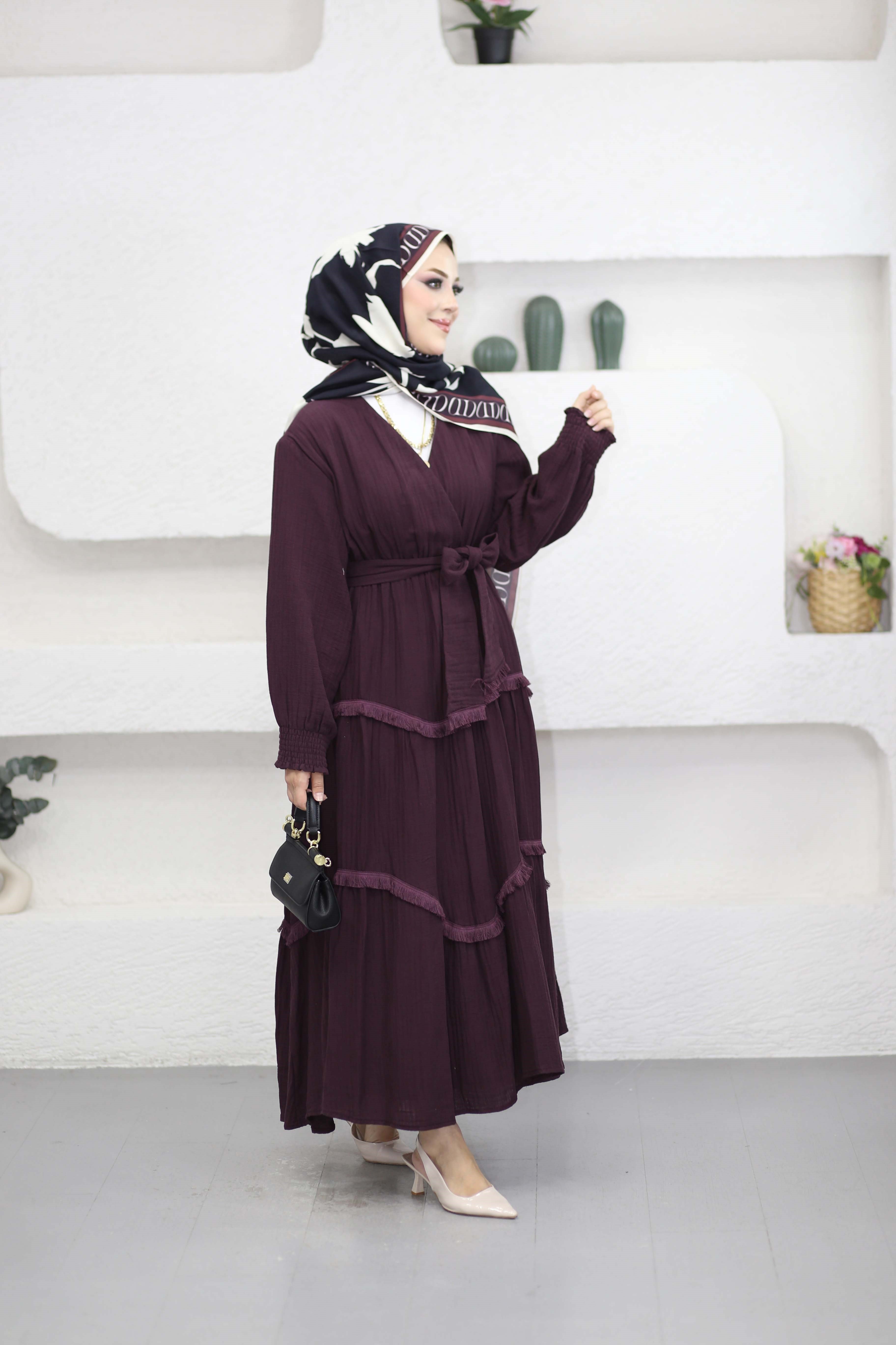Püskül Detaylı Elbise Mürdüm 4496