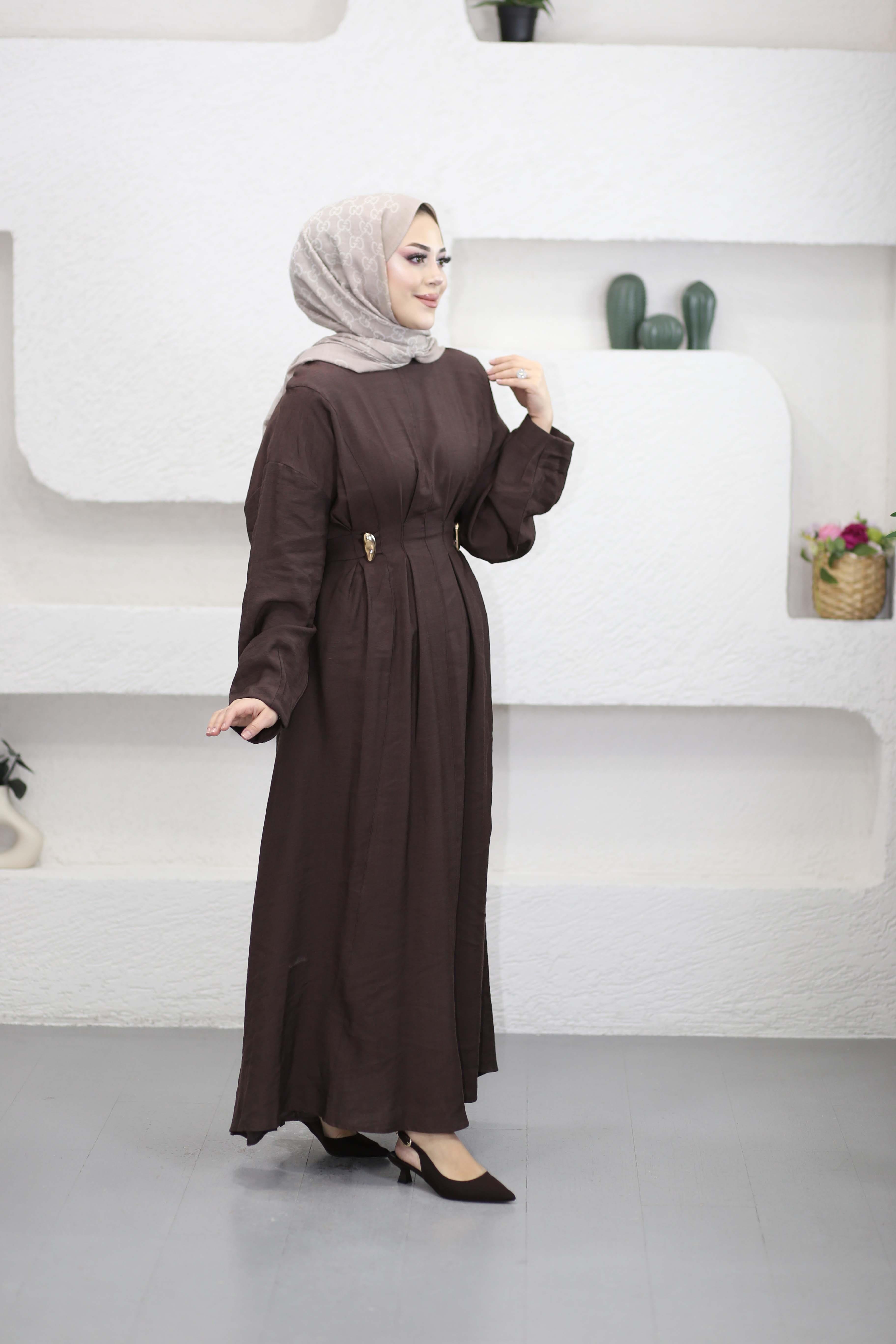 Cherry Keten Elbise Kahverengi 1079