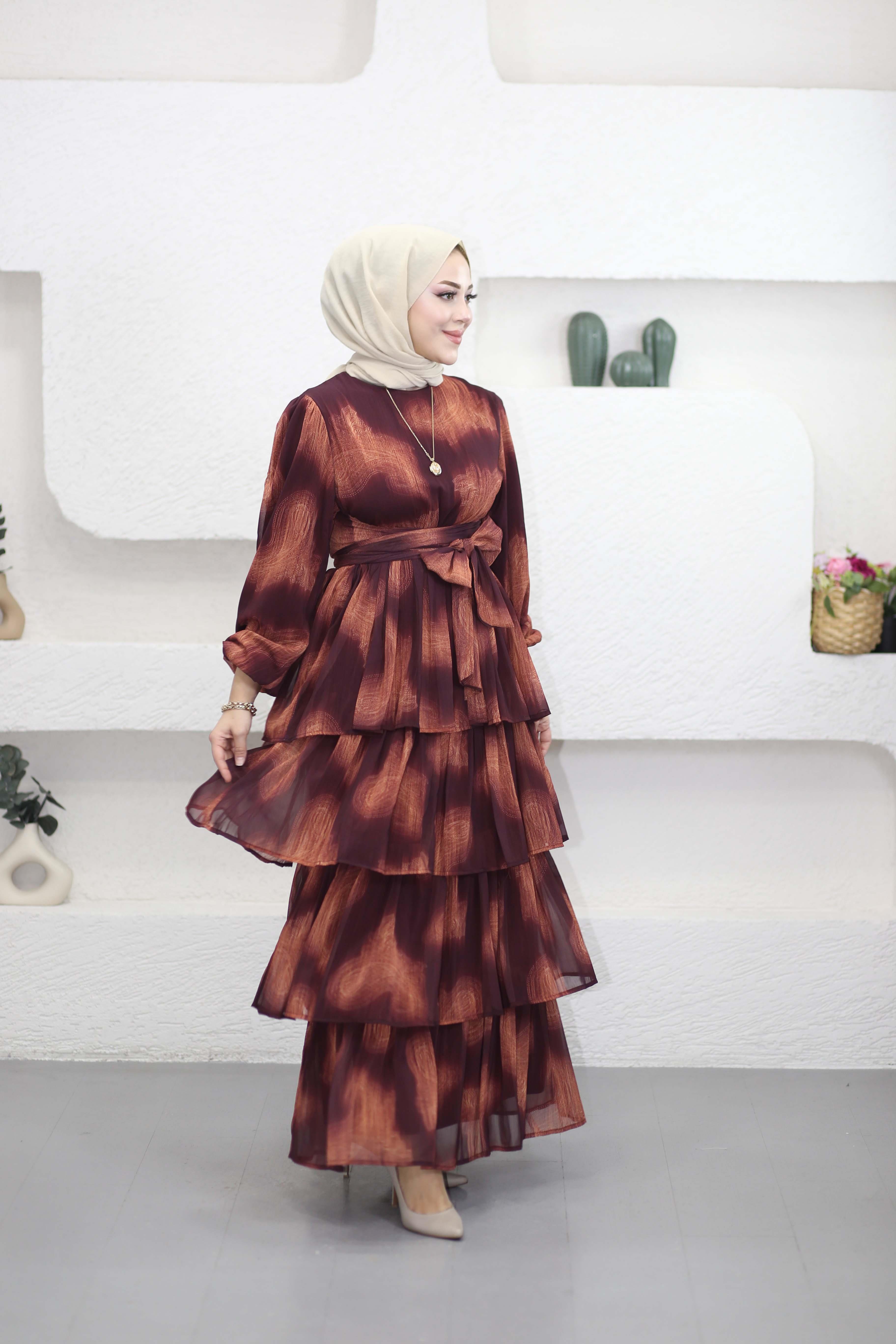 Kuşak Detaylı Kat Elbise Mürdüm 2286