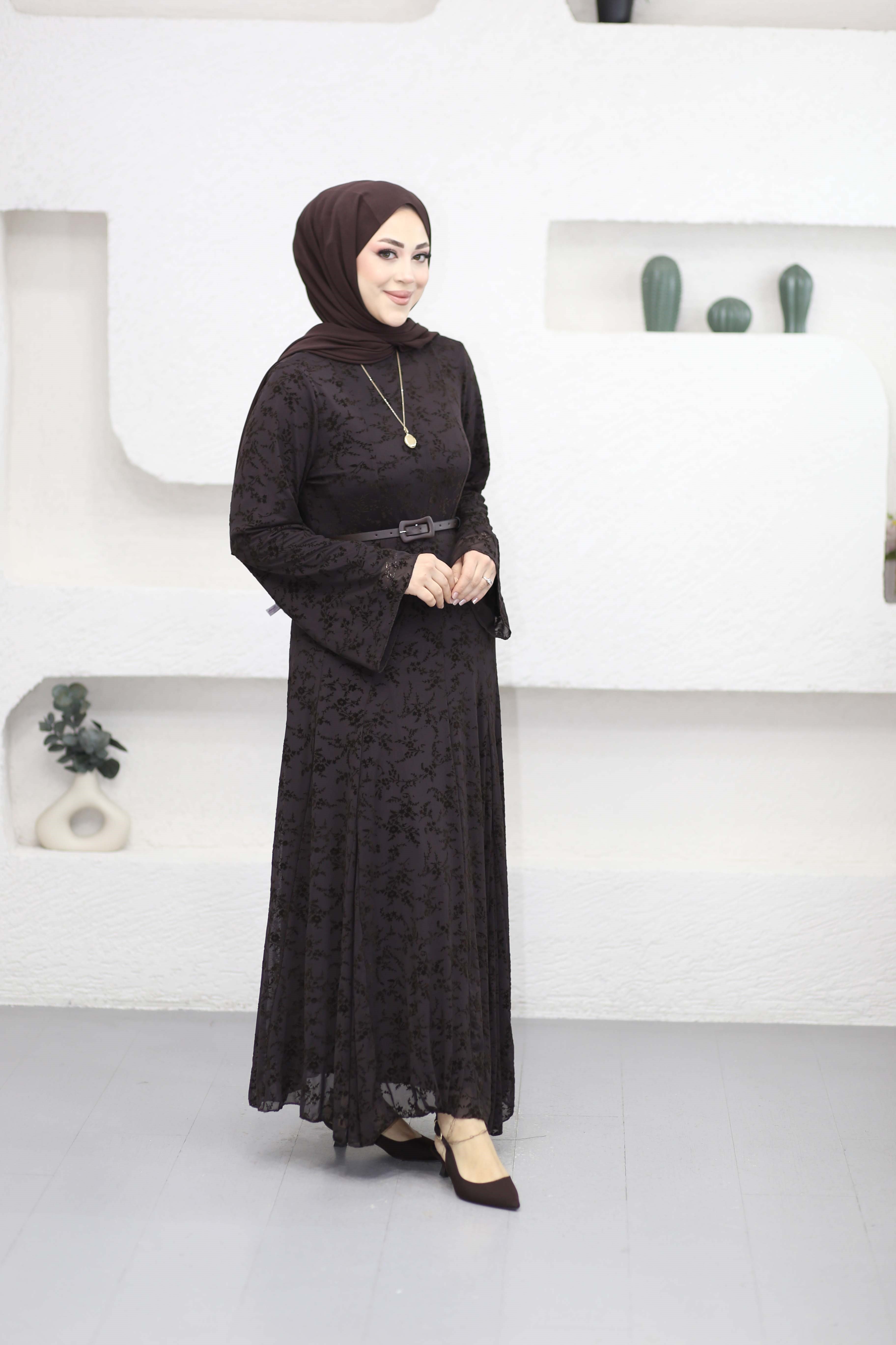 Flok Baskılı Tül Elbise Kahverengi 8384