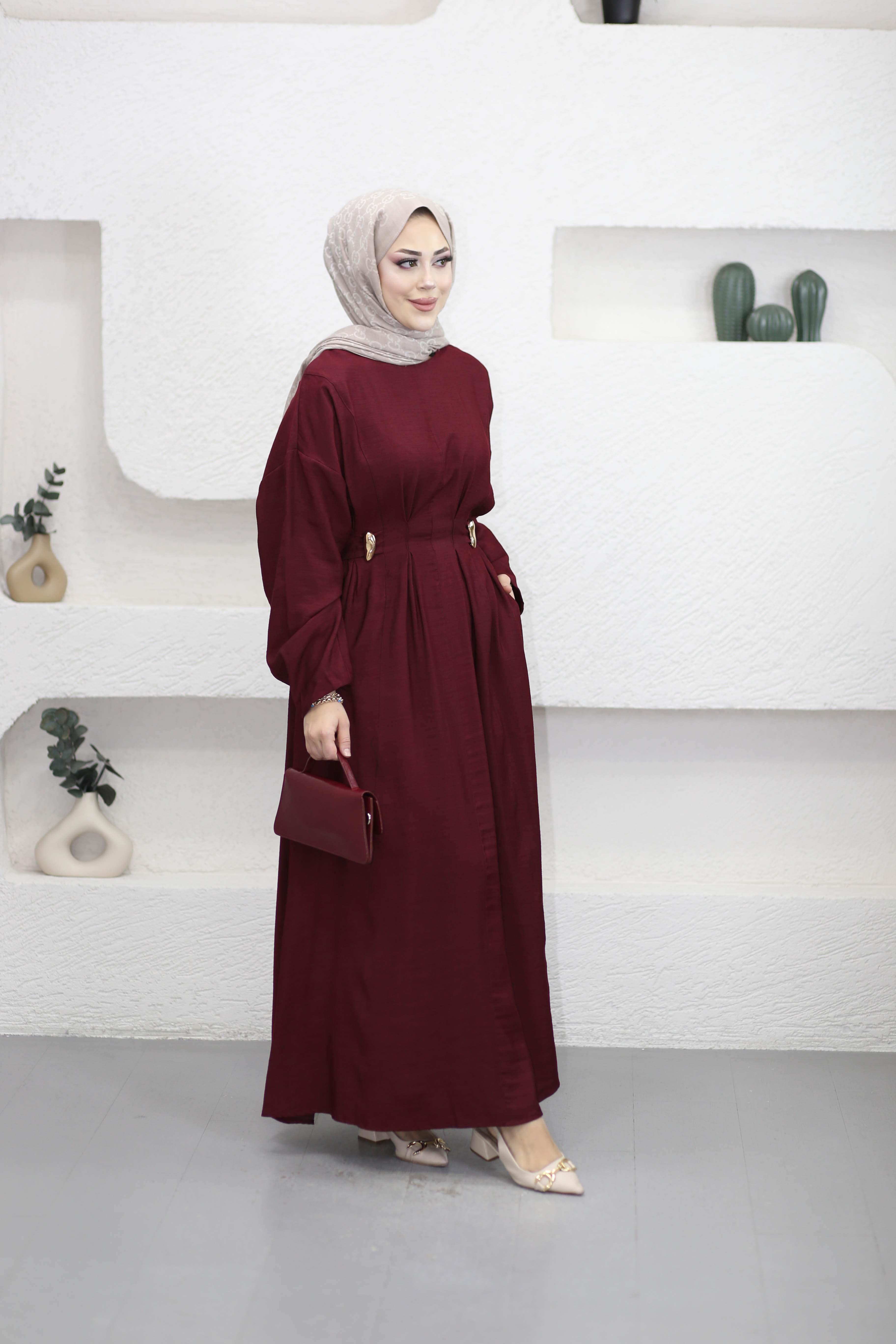 Cherry Keten Elbise Bordo 1079