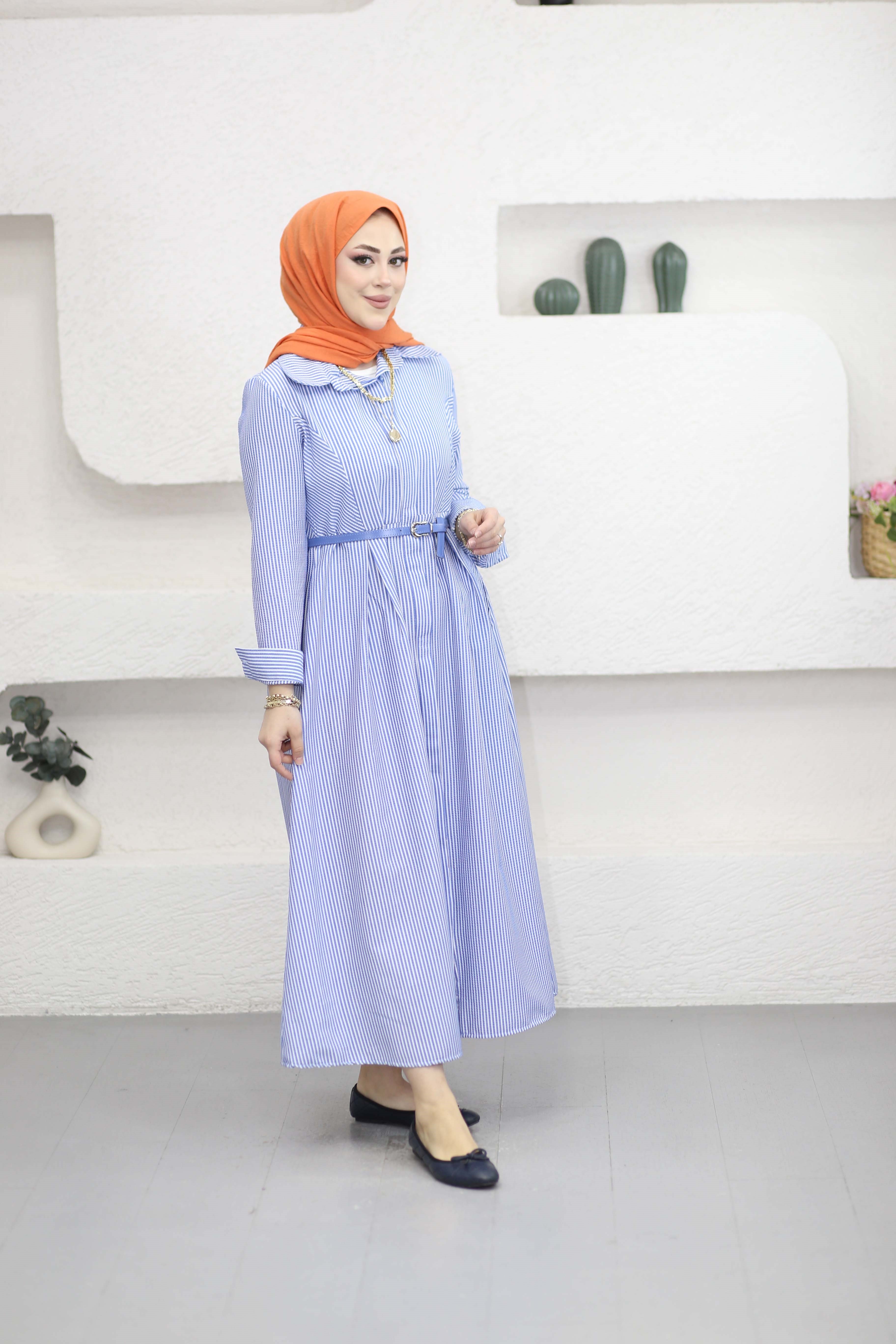 İnce Kemerli Çizgili Elbise Mavi 7595