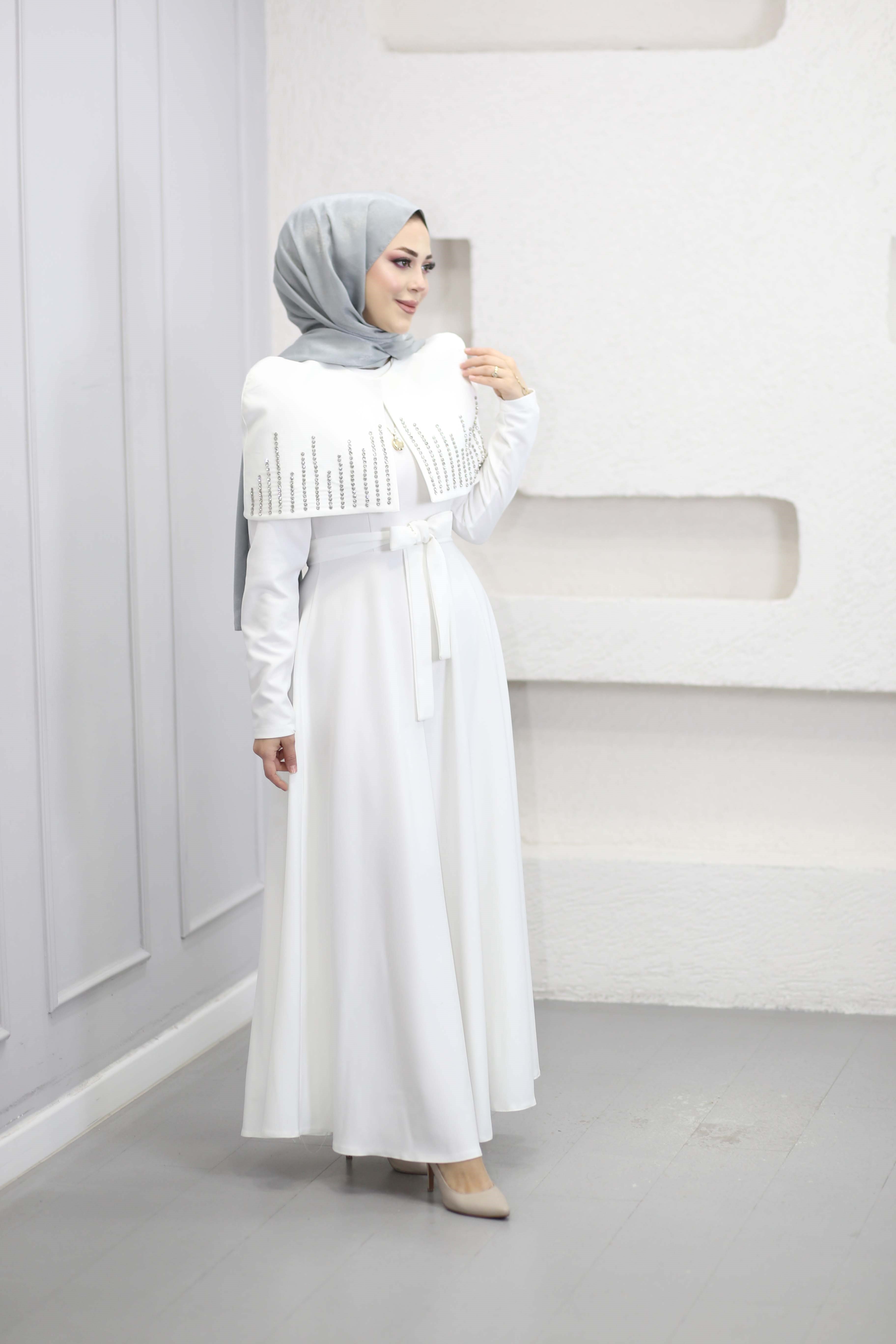 Taş Detaylı Bolerolu Elbise Beyaz 26091